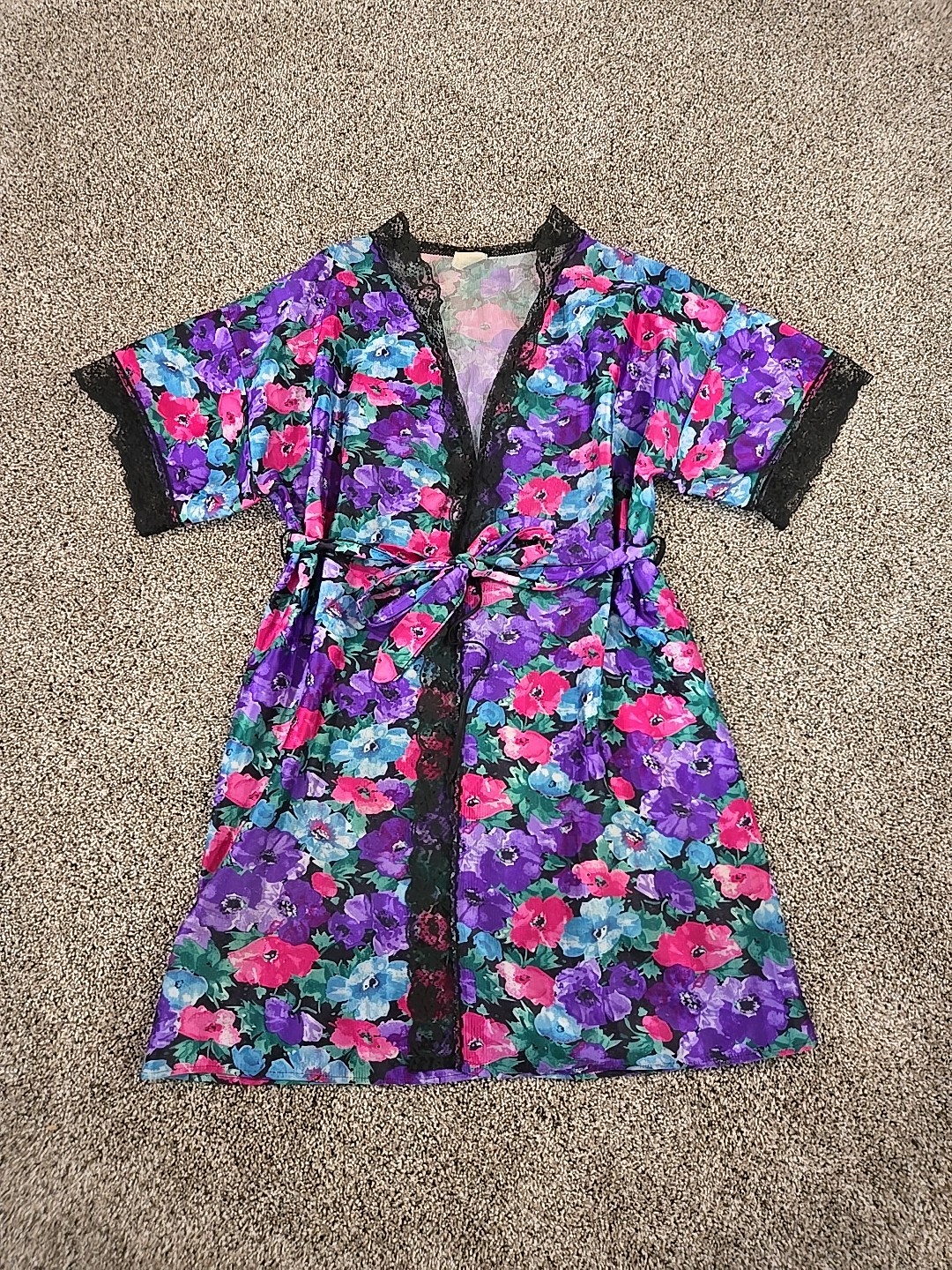Precious Moments Vtg 90s Floral Lingerie Robe Womans Sz Lg Lace Trim Coquette