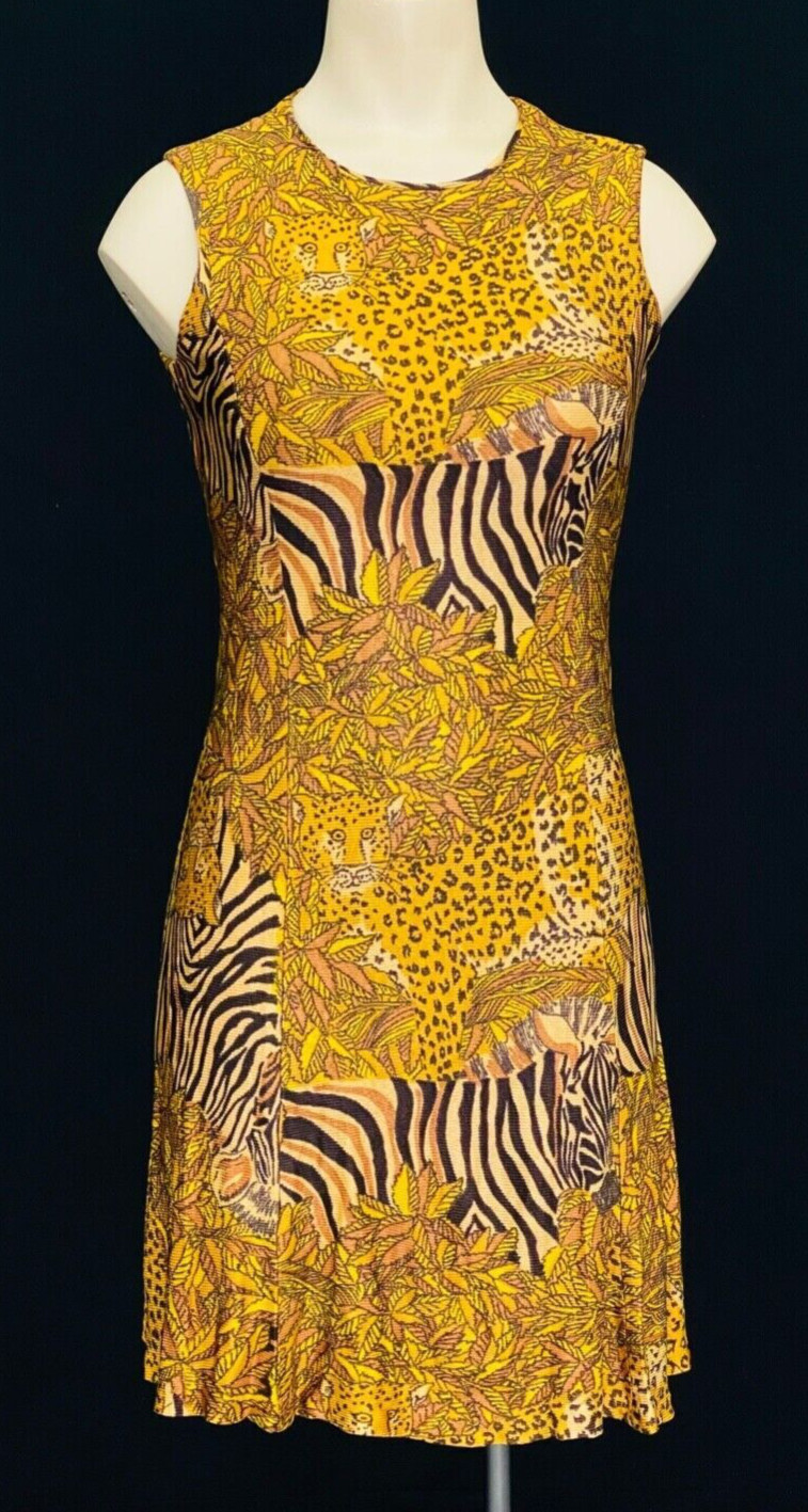 Vintage 1960s novelty print mini dress, animal cheetah cat zebra sheath XS