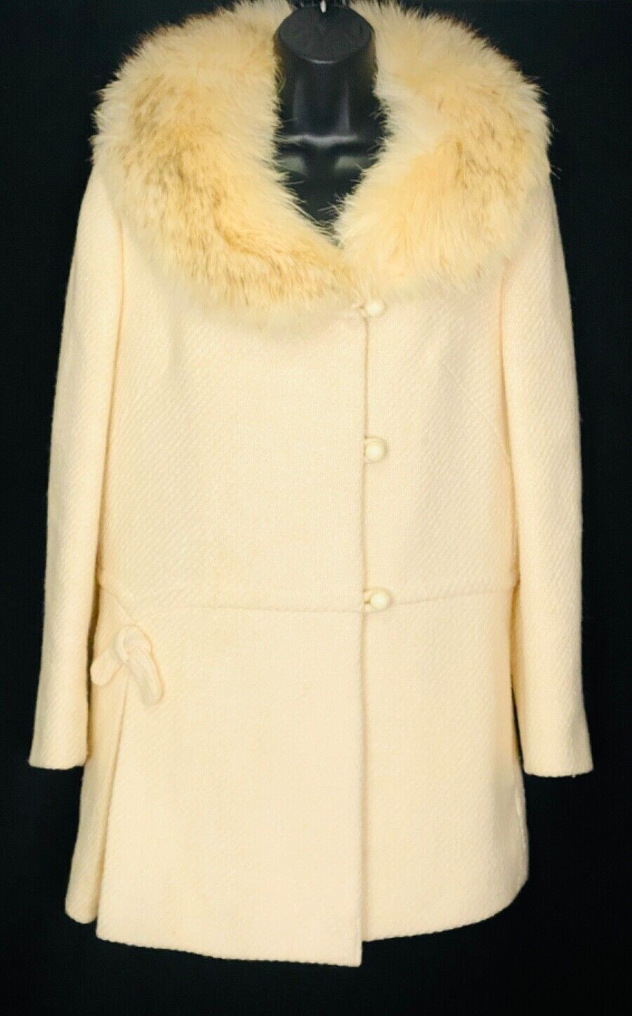 Vintage 1960s white wool coat, genuine fur collar ivory winter princess XS S