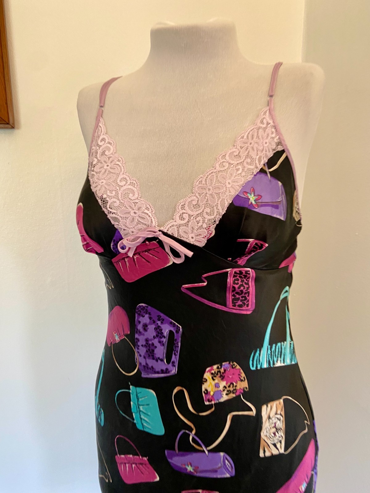 VTG Nicole Miller 2000 100% Silk Slip Dress Bag Purse Print Animal Lace RARE Pur