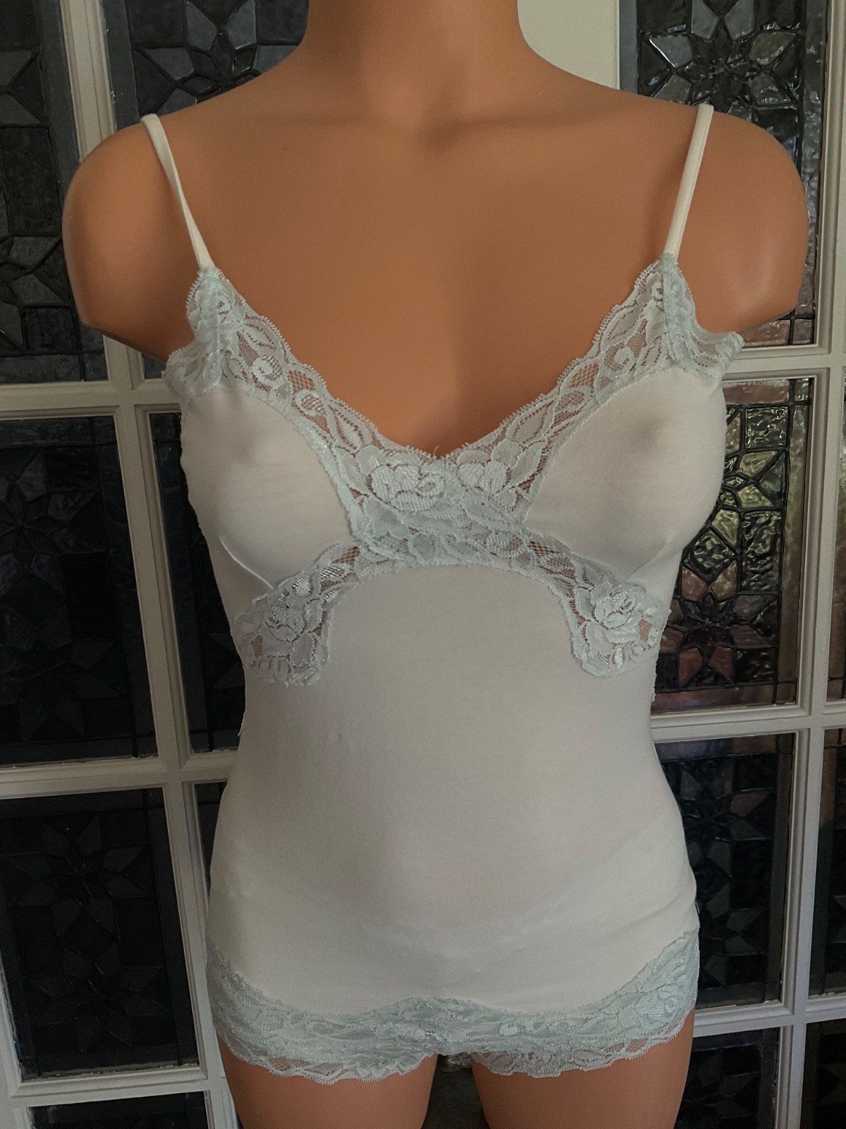 Vintage Pajama Set Cami Top / Boy Shorts Blue Lace Inserts Size Small