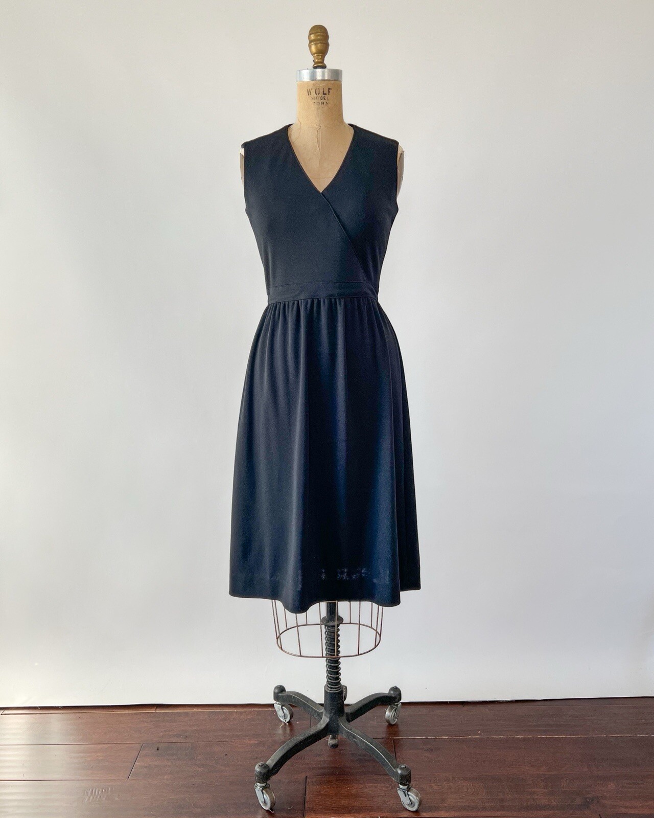 Vintage 1970s Black Knit Wool Midi Dress Sleeveless Fit & Flare Surplice Neck XS