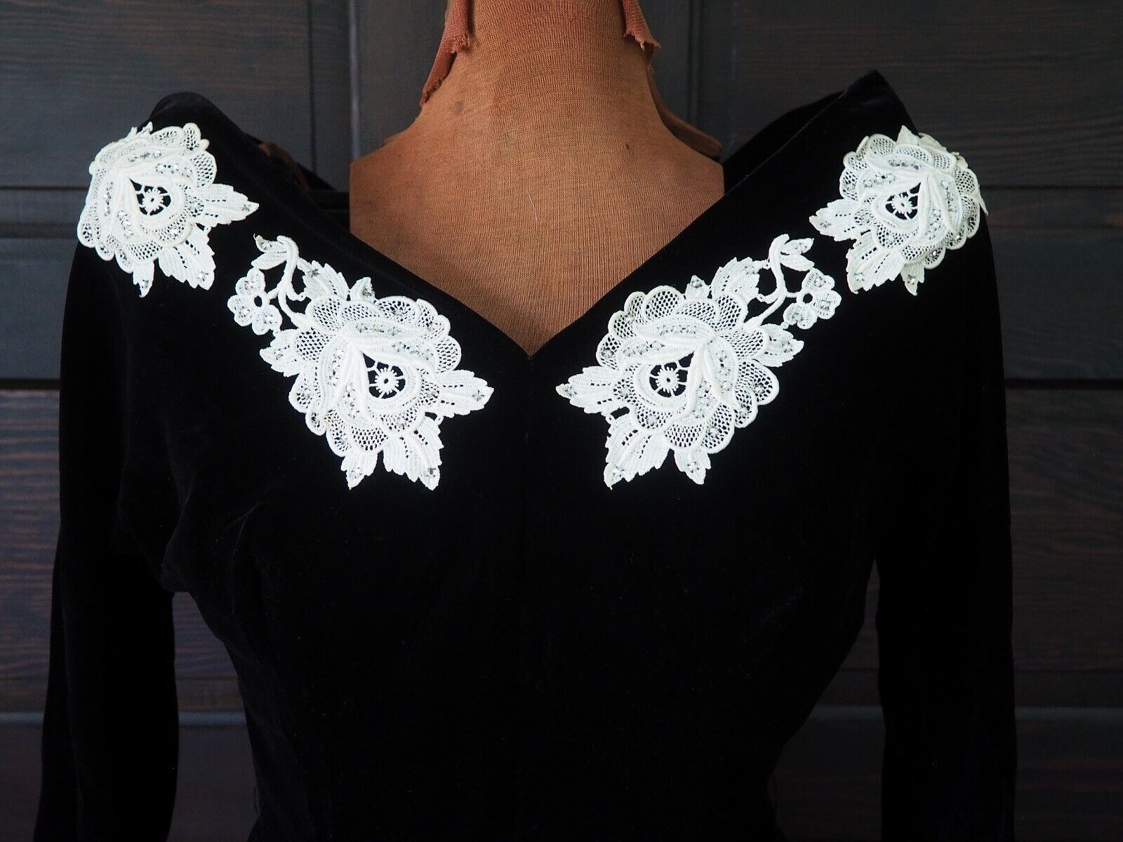 VTG 30s 40s Black Velvet Rhinestone Glam Pinup Party Cocktail Formal Dress Sz M