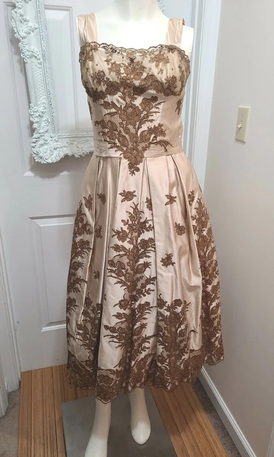 Ceil Chapman Evening Gown Dress Womens 14 Satin Silk Tulle Applique 50s FLAWS