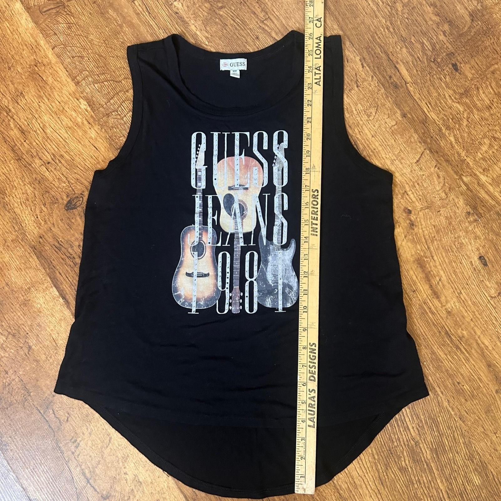 97. Guess Jeans 1981 Guitar Graphic Tank Top Black Rhinestone Y2K rock n roll