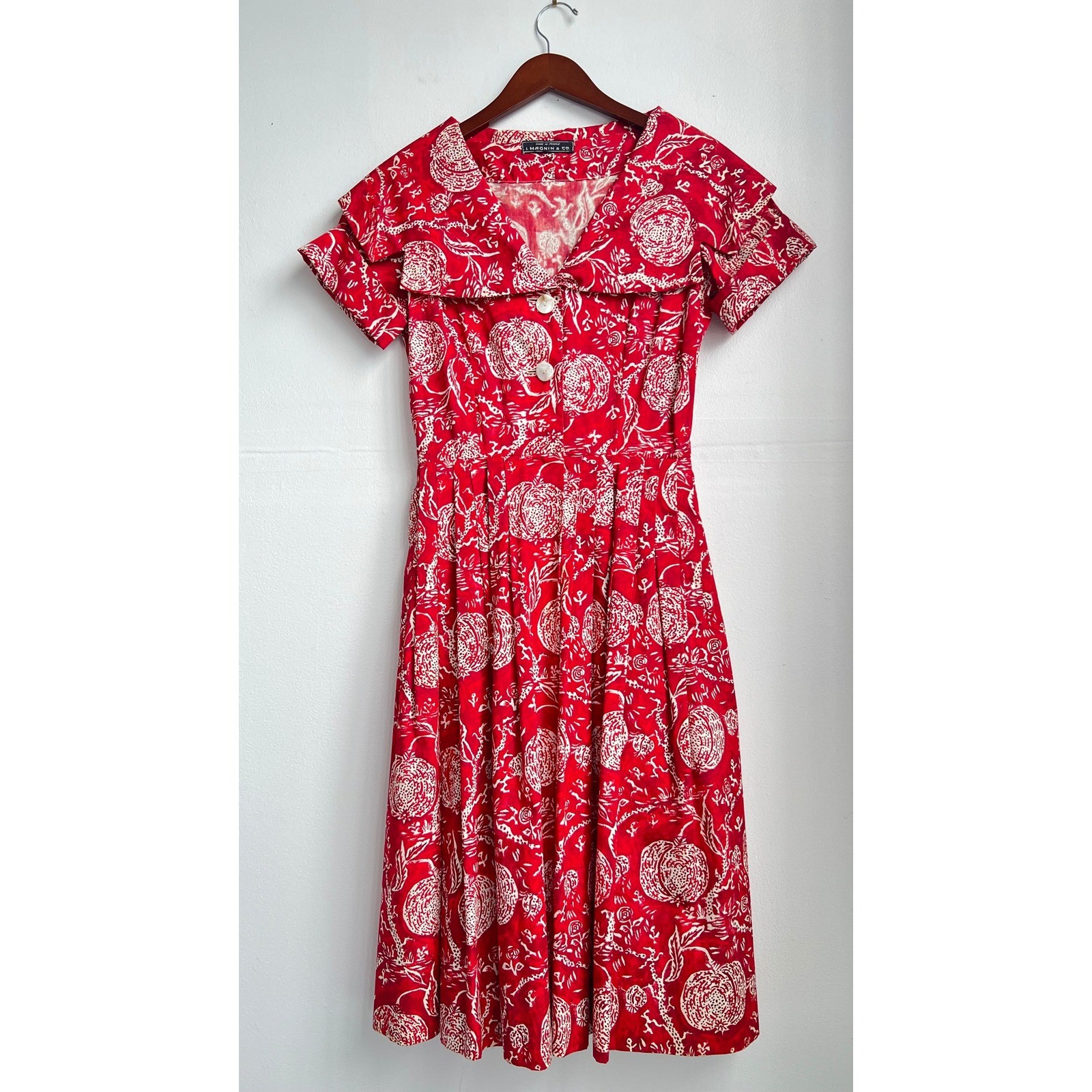 Vintage i Magnin Fit Flare Midi Dress Red Pomegranate Print Made France Size M