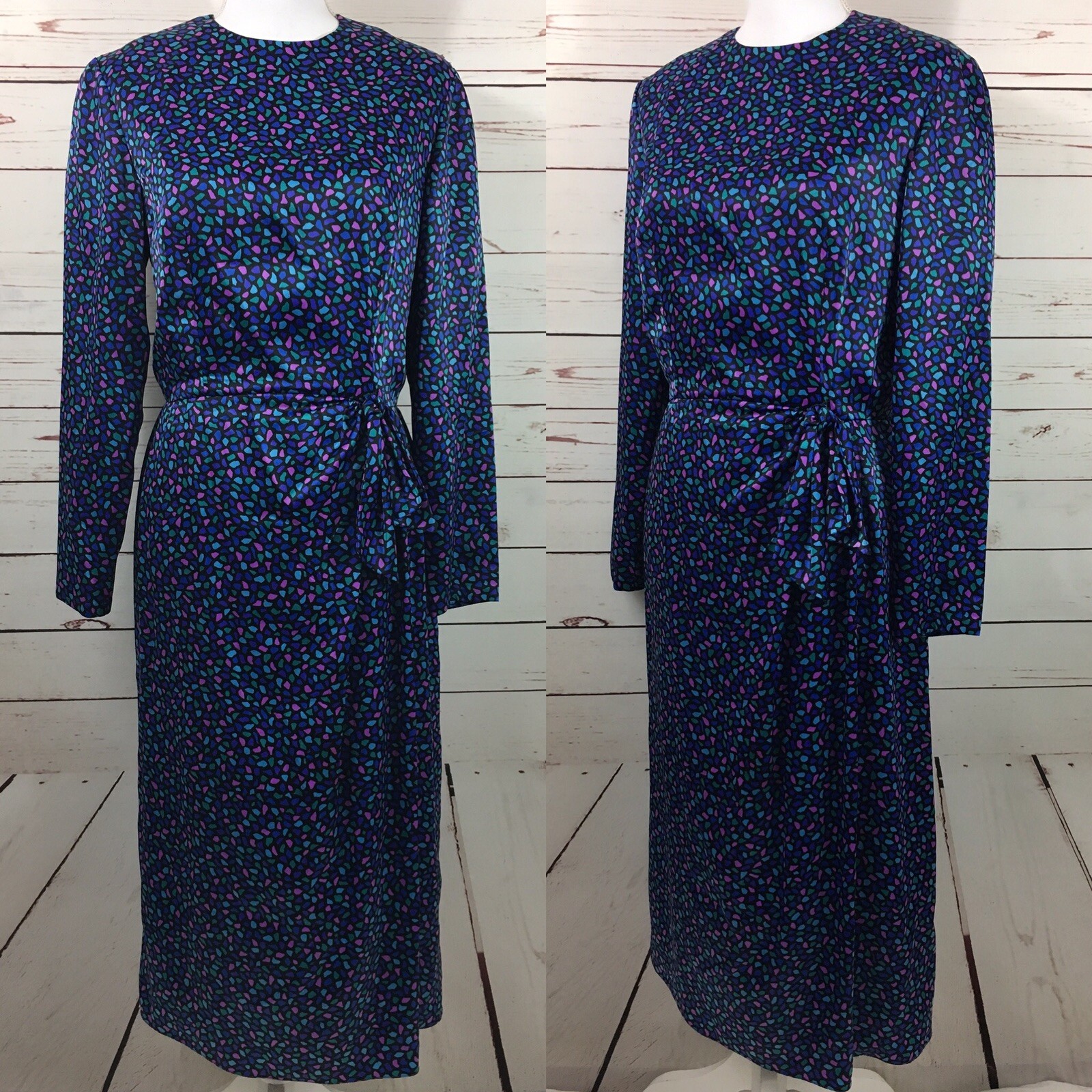 Vtg POSH By Jay Anderson Blue Confetti Silky Polyester Dress Long Sleeves Small
