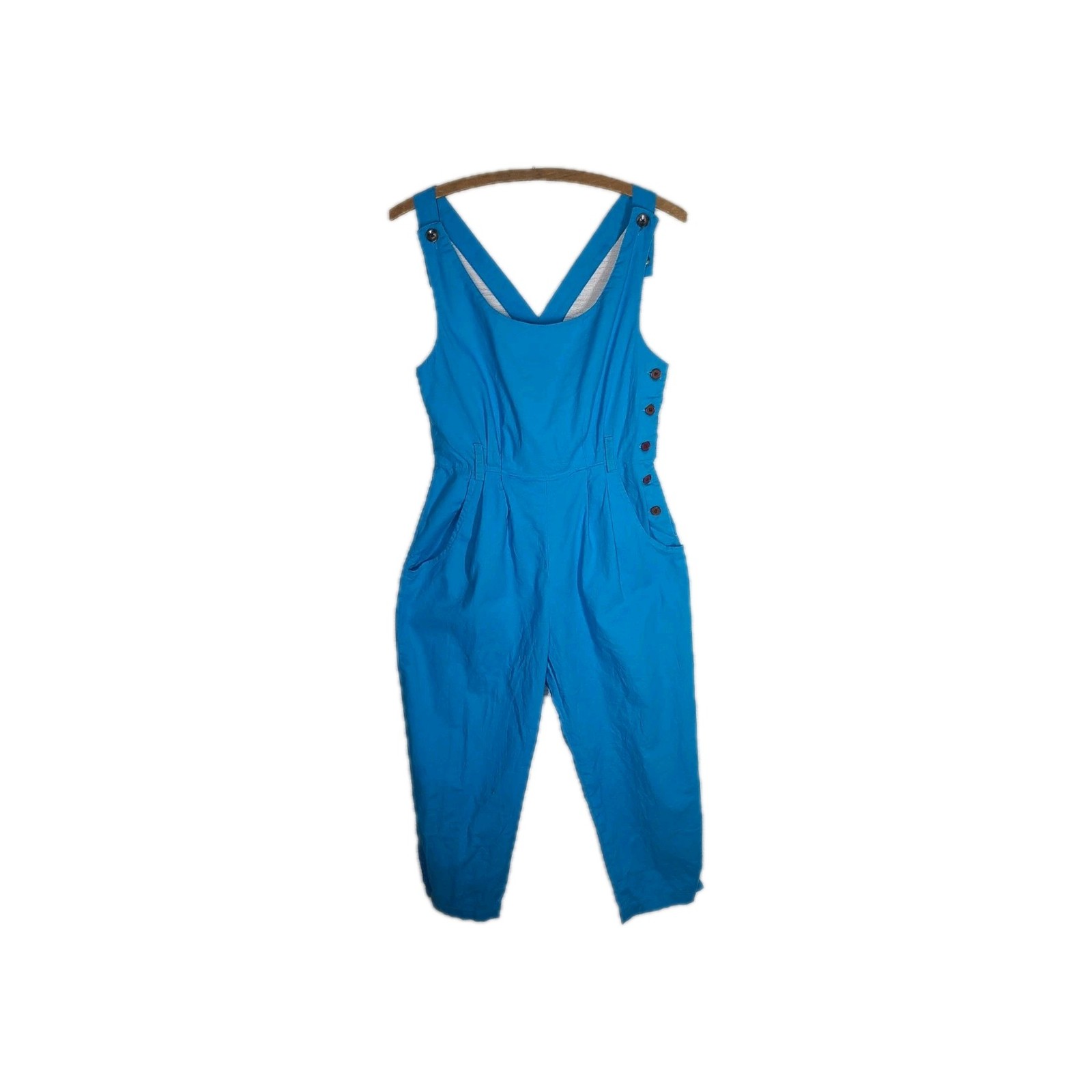 Vtg 80s Cotton Jumpsuit Blue Retro Pinup Juniors 11 M L Cross Back Button Side