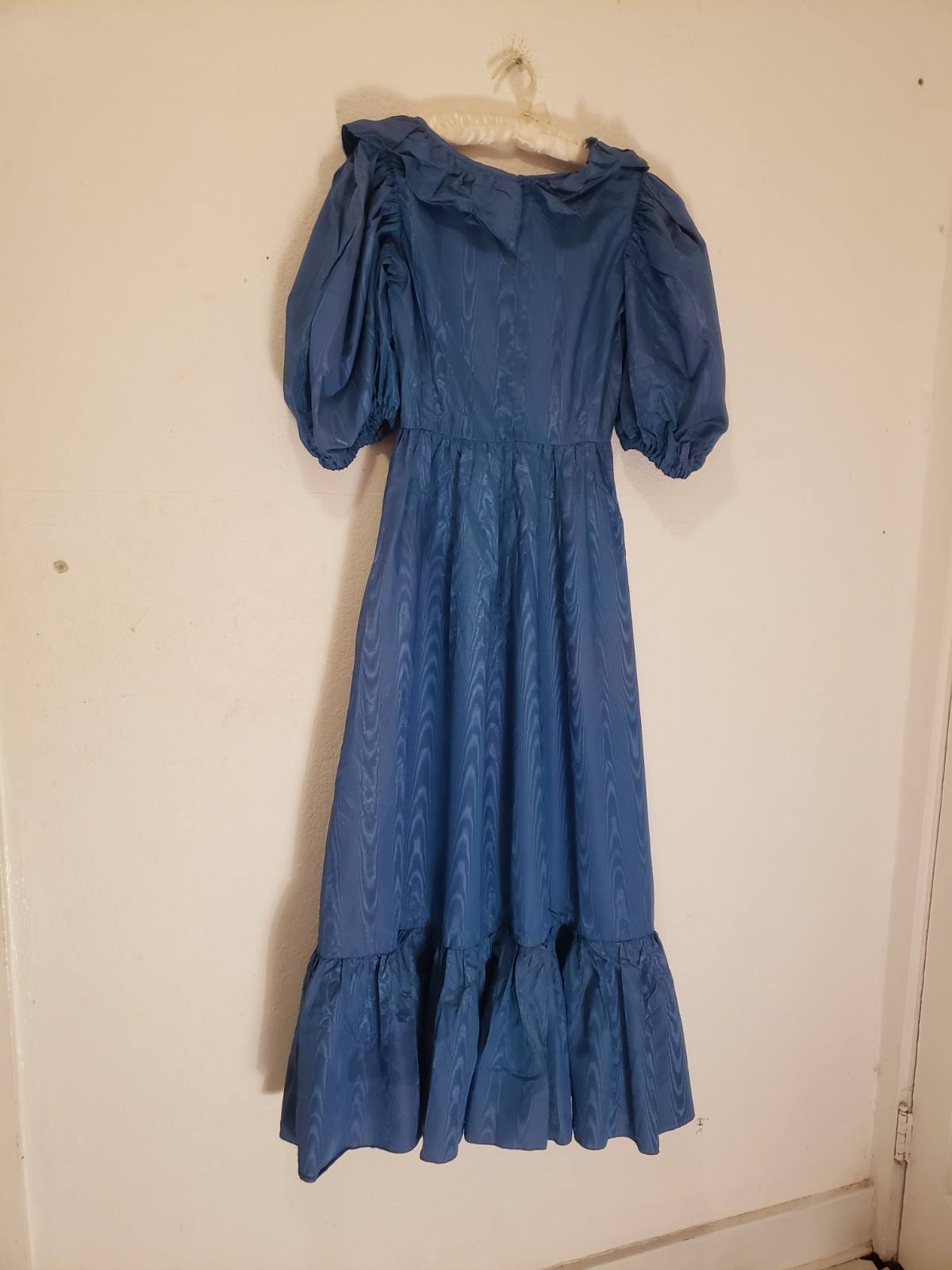 Vtg 70s Teal Gaberdine Puff Slv Maxi Dress Sz S M Handmade Gown