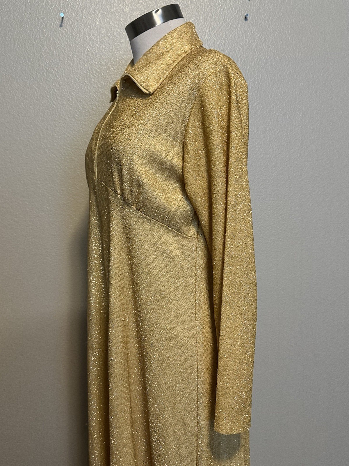Vintage 60s Loll Ease Gold Sparkle Maxi Hostess Zip Front Dress Gown Pockets