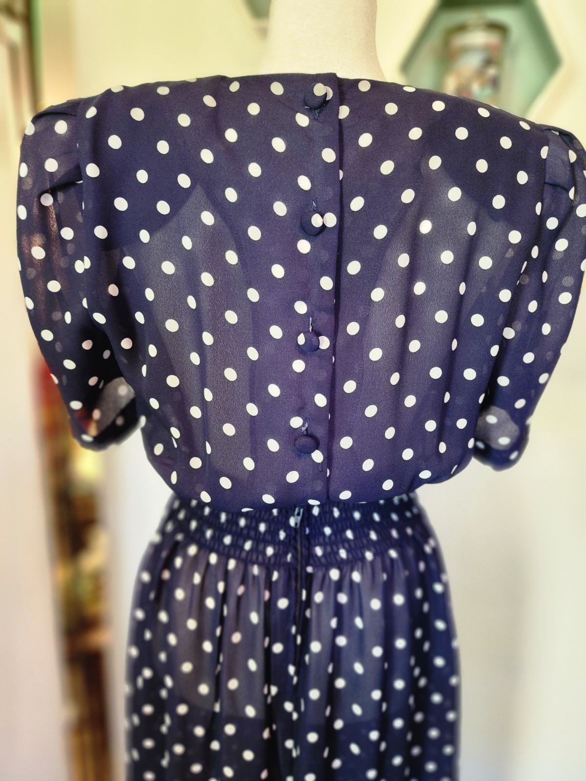 90s VTG KARIN STEVENS Cottagecore Modest Petites Polka Dot Pleated Midi Sz P8