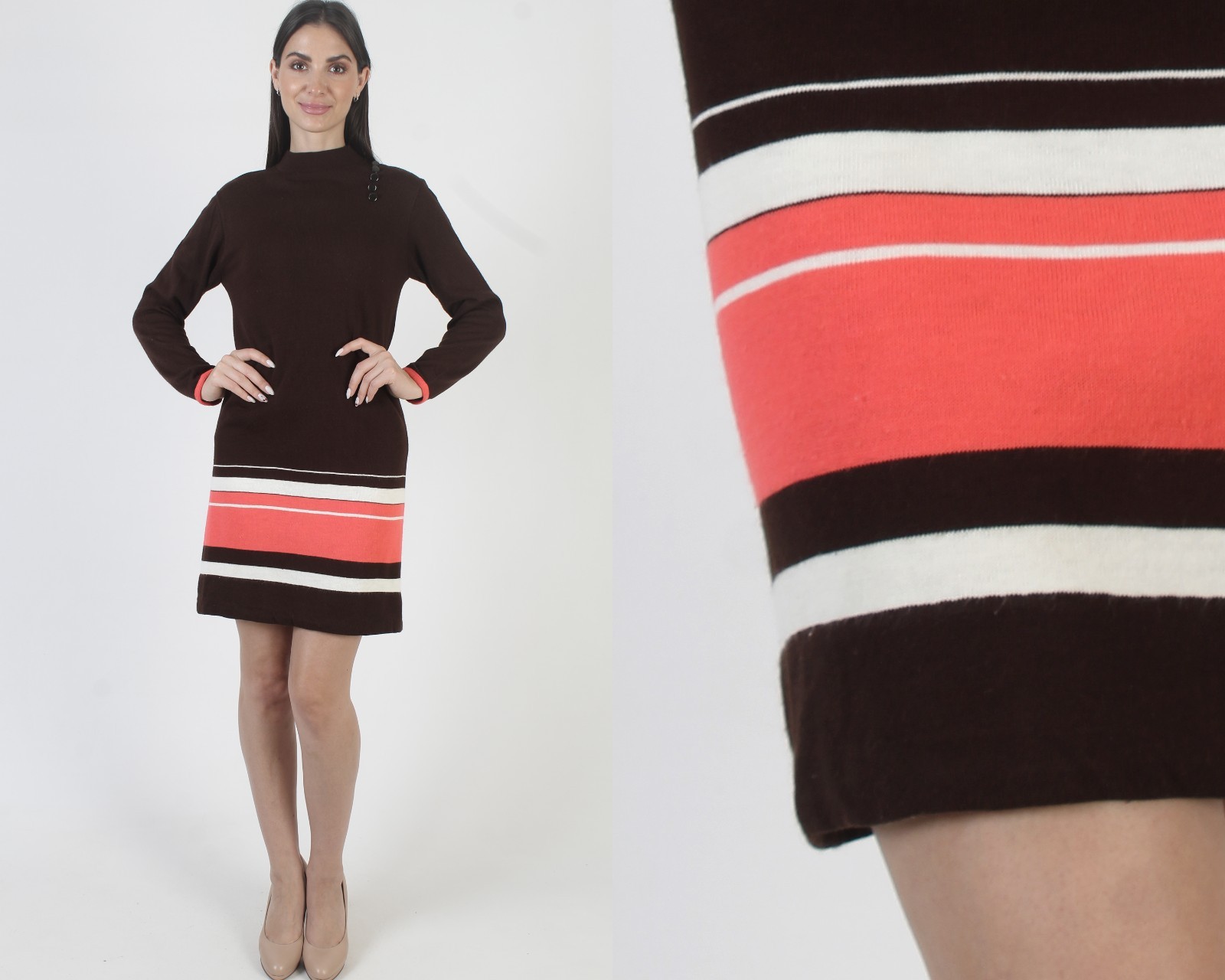 Vintage 60s Striped Sweater Dress Brown Acrylic Mid Century Mod Tennis Mini