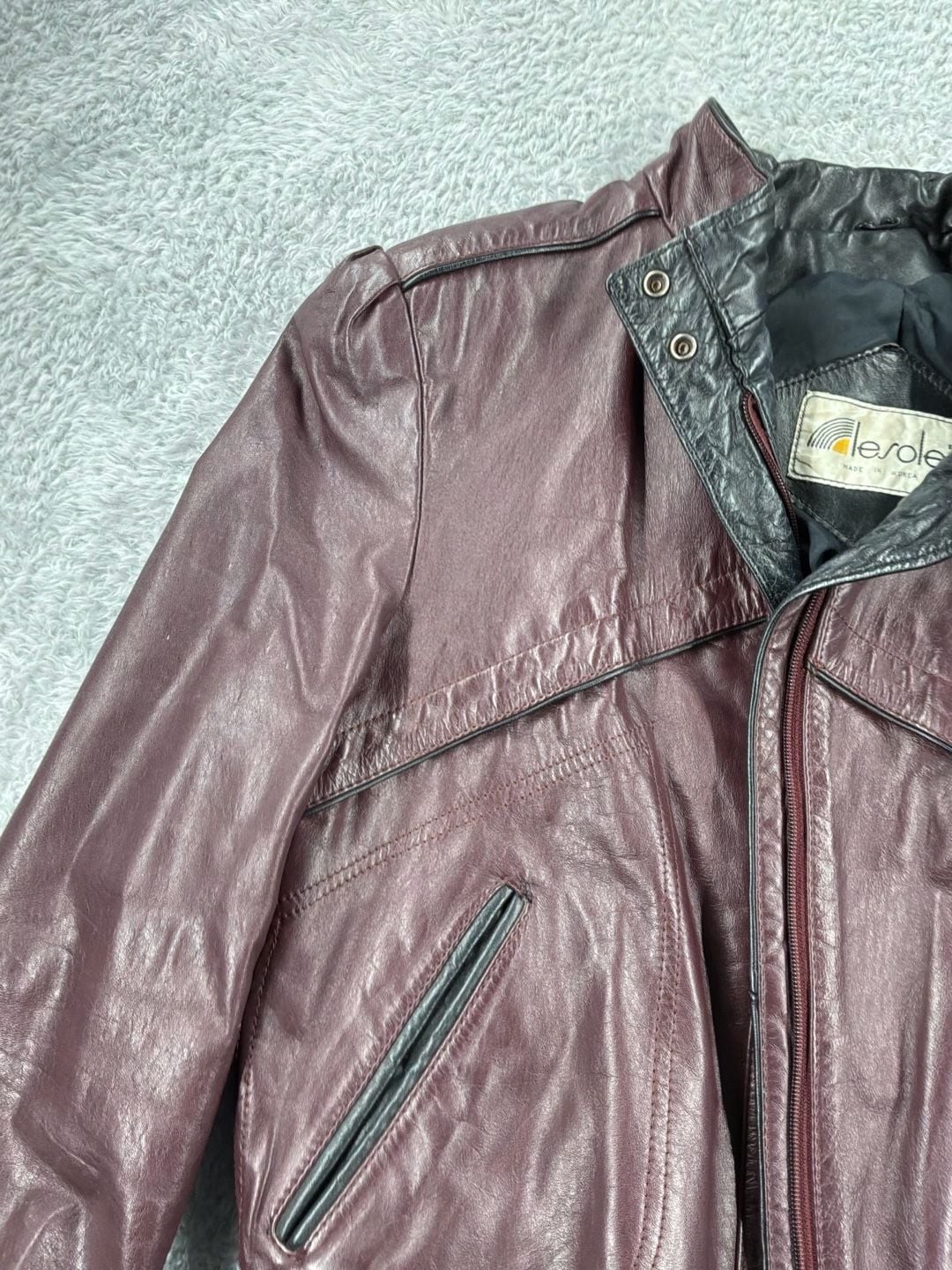 Vintage 80s Lesoleil Burgundy Wine Leather Jacket Size 11/12