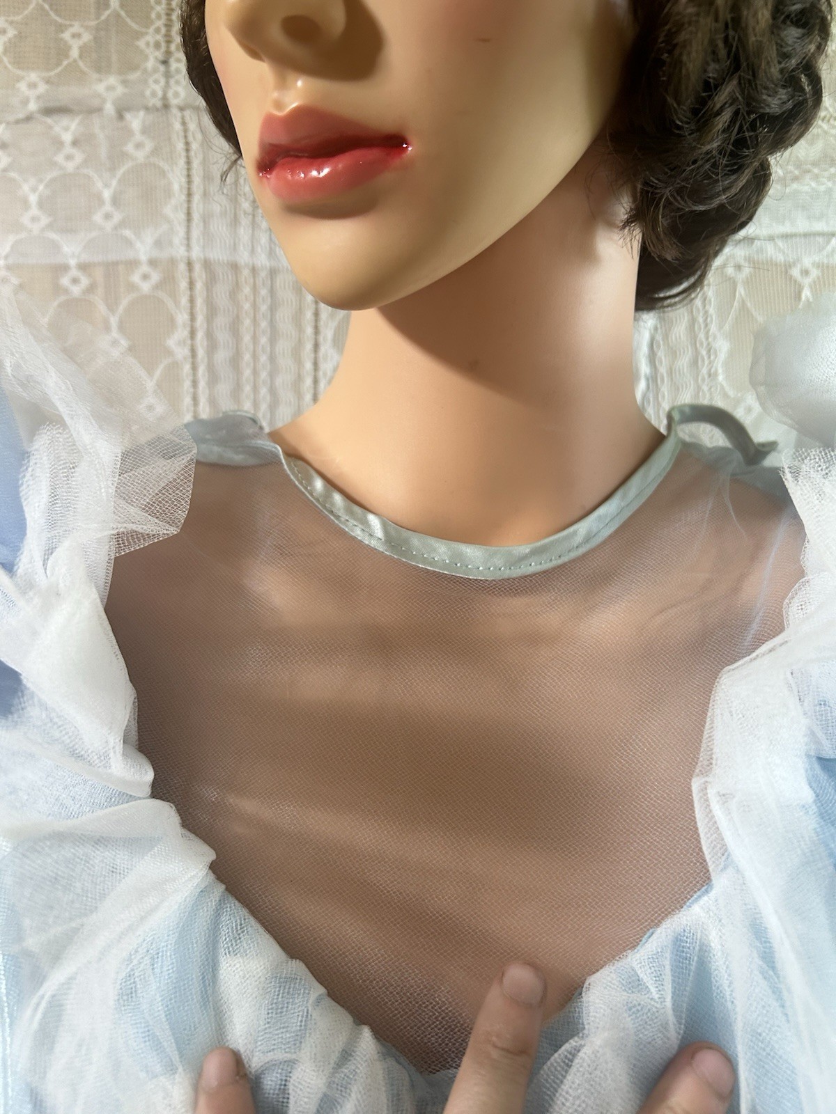 Vintage Tulle Ball Gown 34″w Theatrical Drama Ruffle Dress, Blue 80s 50s Prom