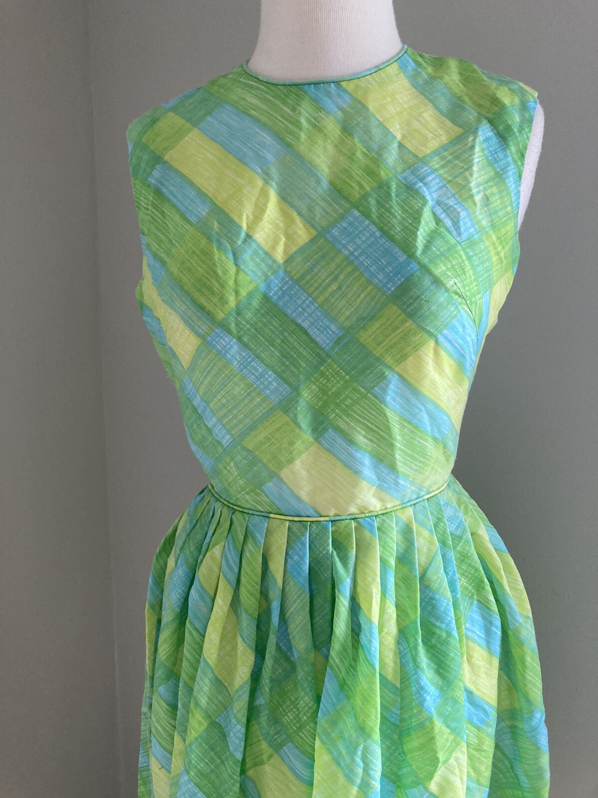 Vintage 1950s 60s Gay Gibson fit & flare Sheer lemon lime plaid Dress xs-s