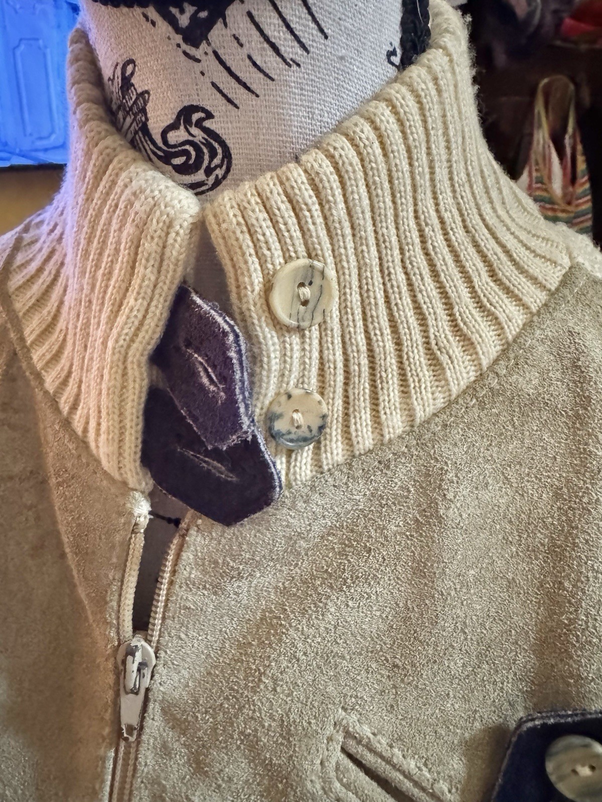 Vtg Suede Leather Acrylic Sweater Jacket Arpeja Taiwan Organically Grown Beige S