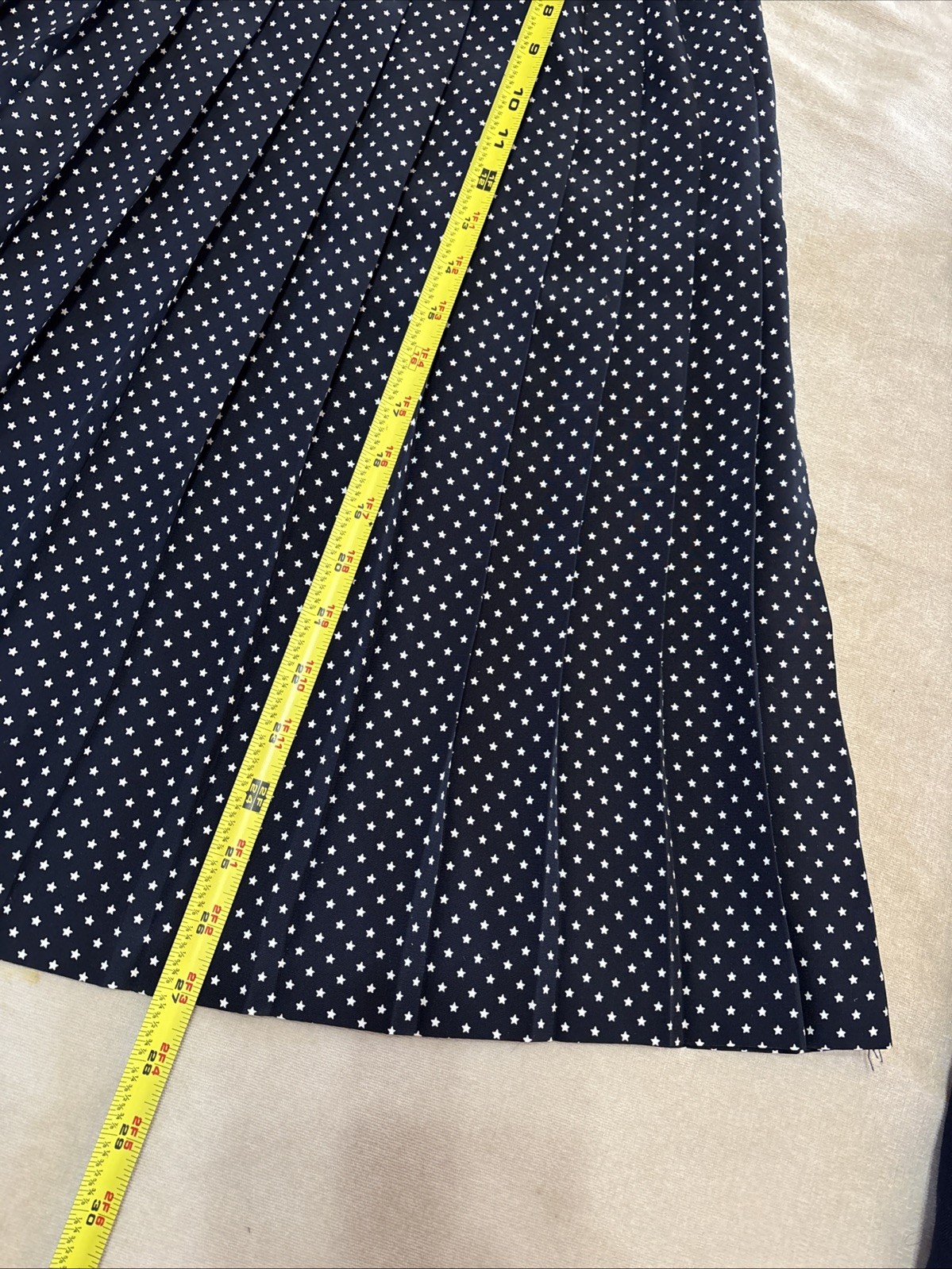 Leslie Fay Vintage 2- Piece Blouse Skirt Set Size 12P Stars Pleated Navy Blue