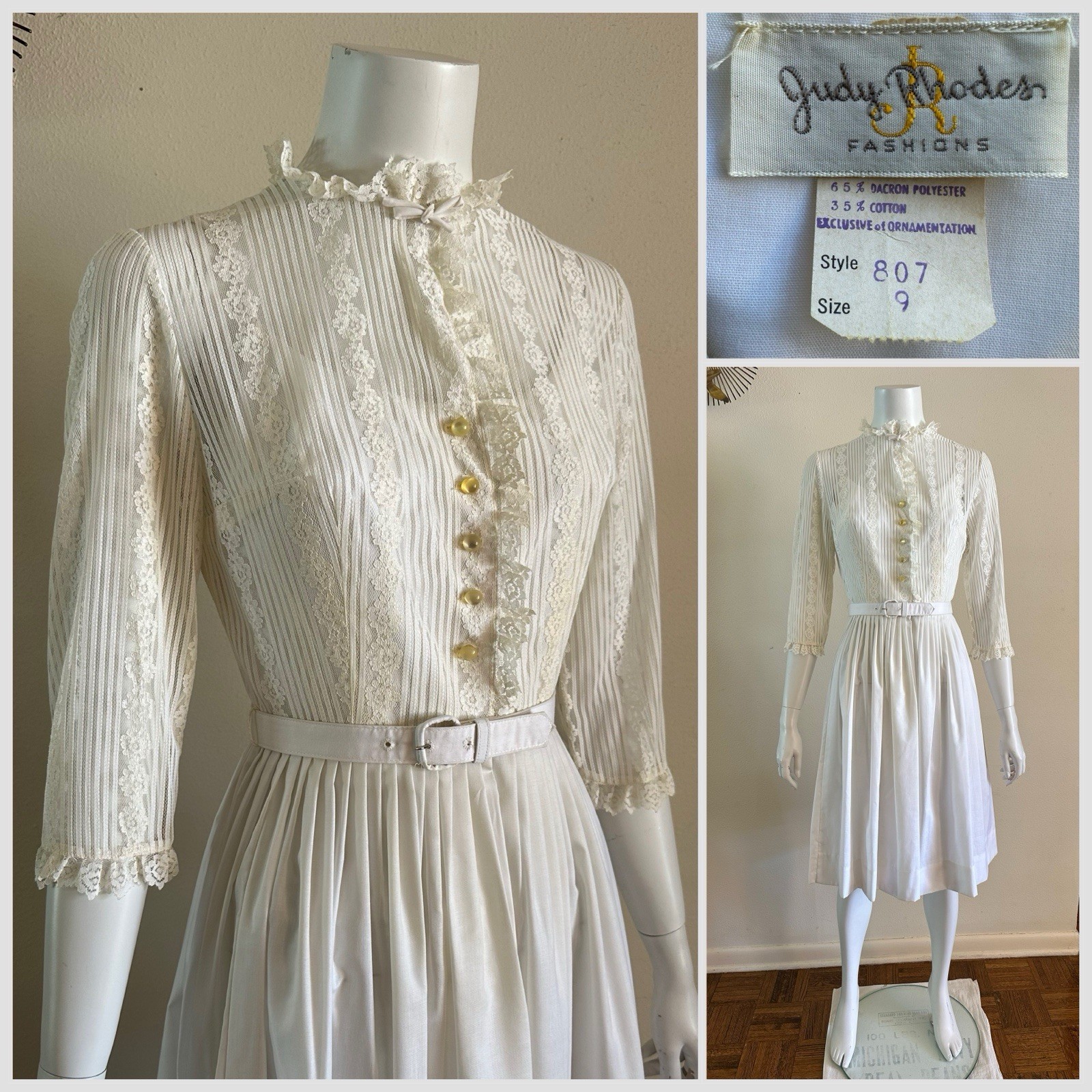 1960s 70s Judy Rhodes Victorian Revival Pleated Lace Dress Prairie Romantic VTG
