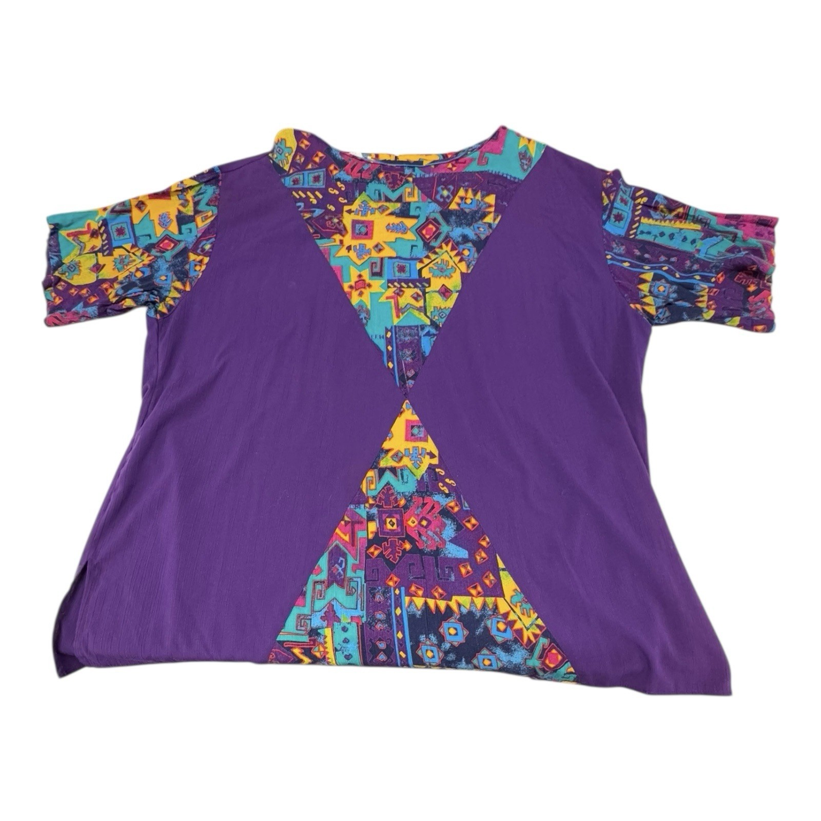 Vintage C.M. Shapes Purple 2X Southwestern Tribal Aztec Motif Short Sleeve Shirt