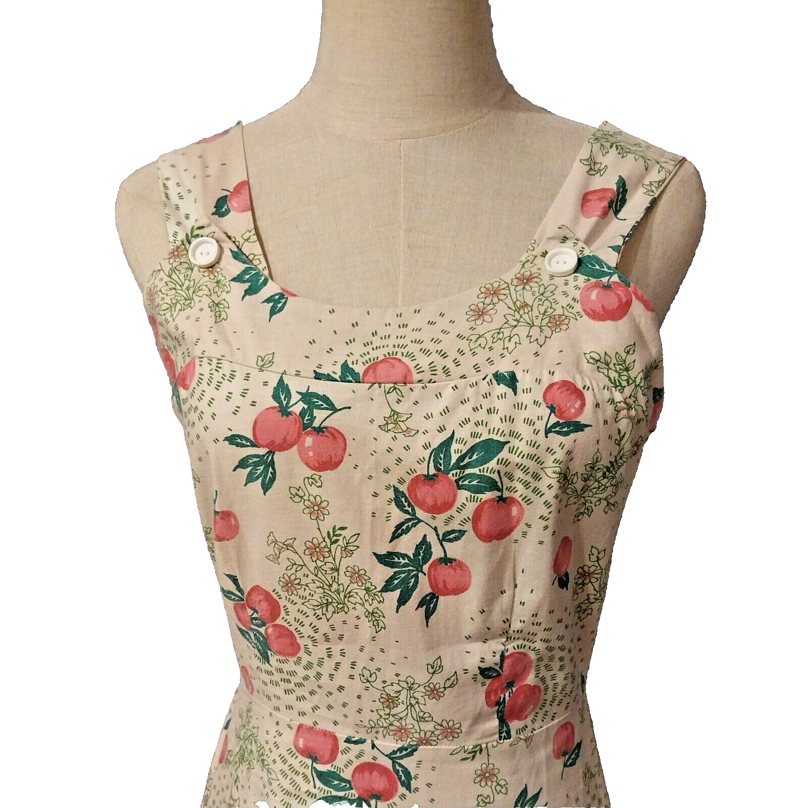 Vintage 1970’s Size 12 Cream Pink Green Apples Cotton Prairie Sundress Dress