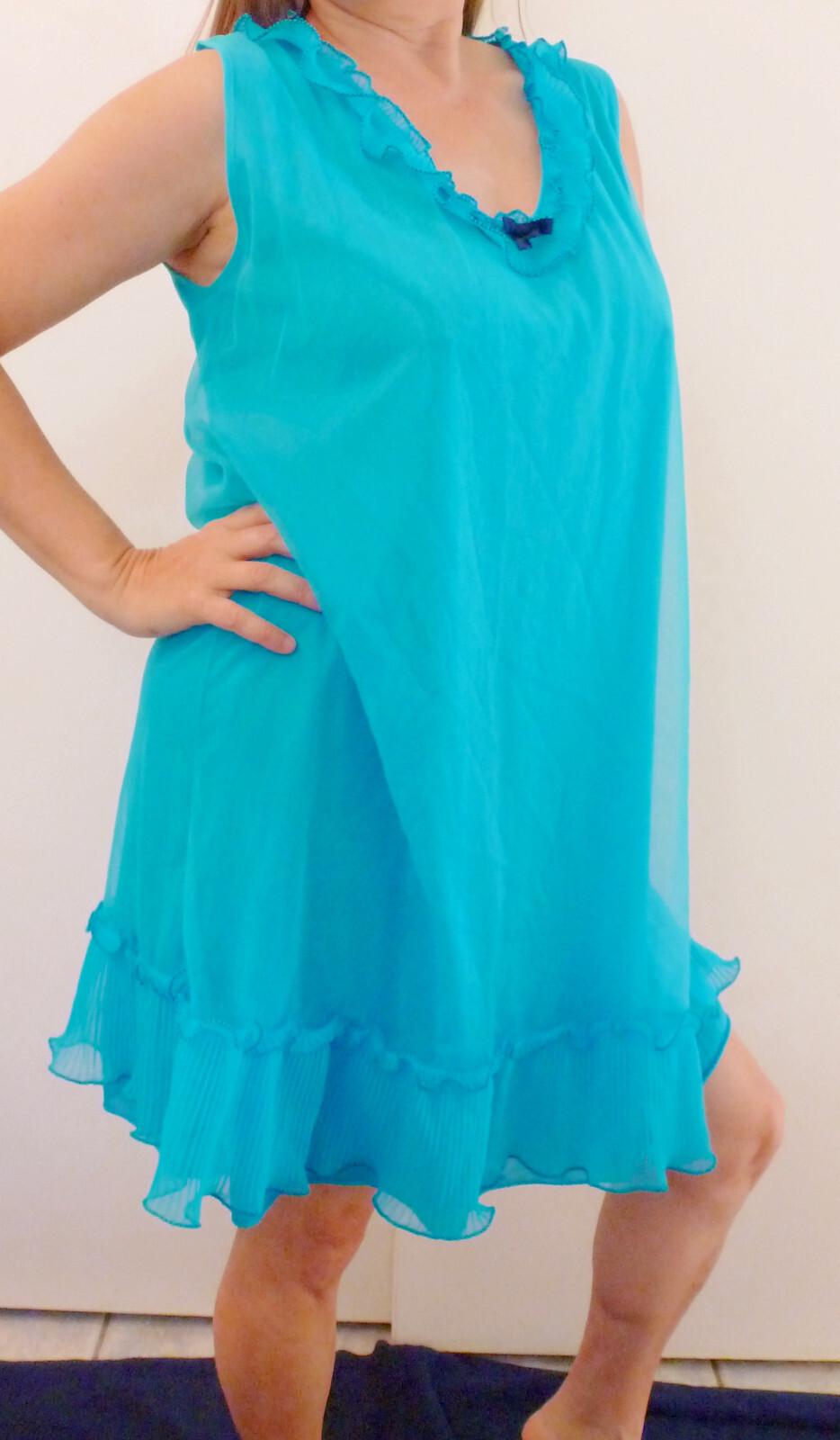 1970S PIPPA DEE BLUE DOUBLE LAYER CHIFFON CRYSTAL PLEATED SEXY NIGHTGOWN L EVC