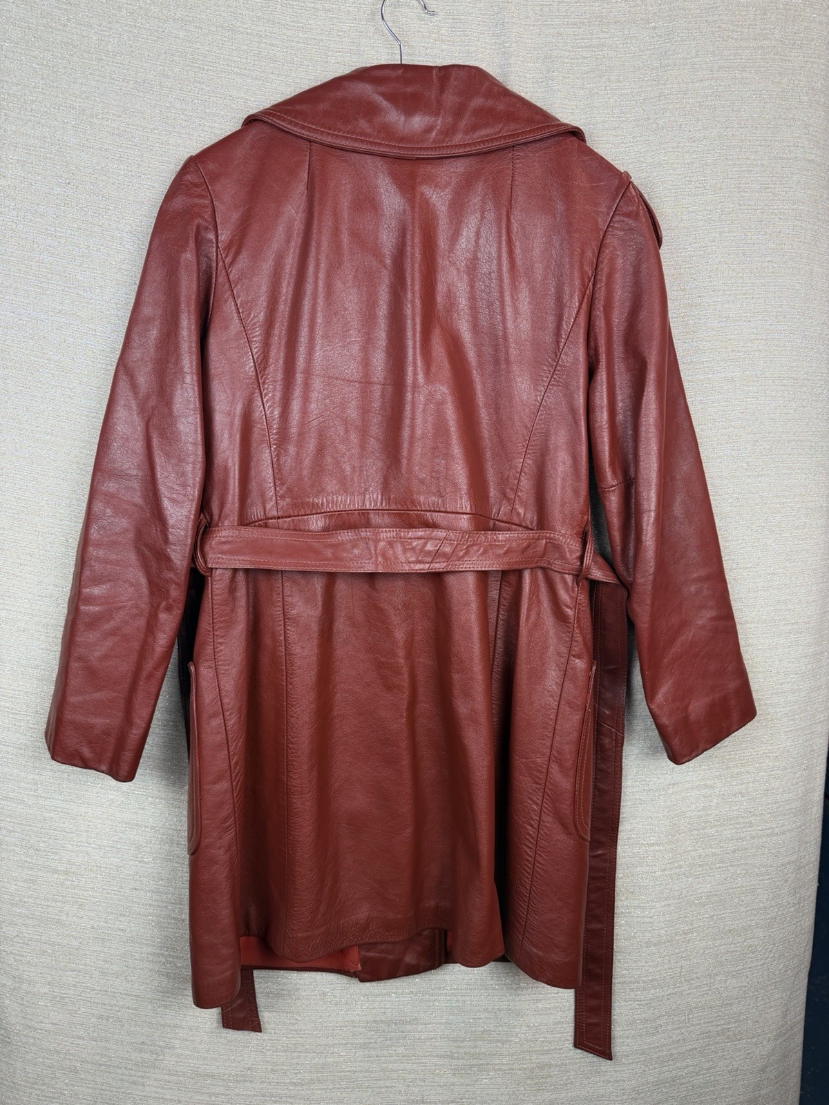 Vintage Cherry Red Leather Jacket Long Belted Mod Trench Coat 1970s Size 10