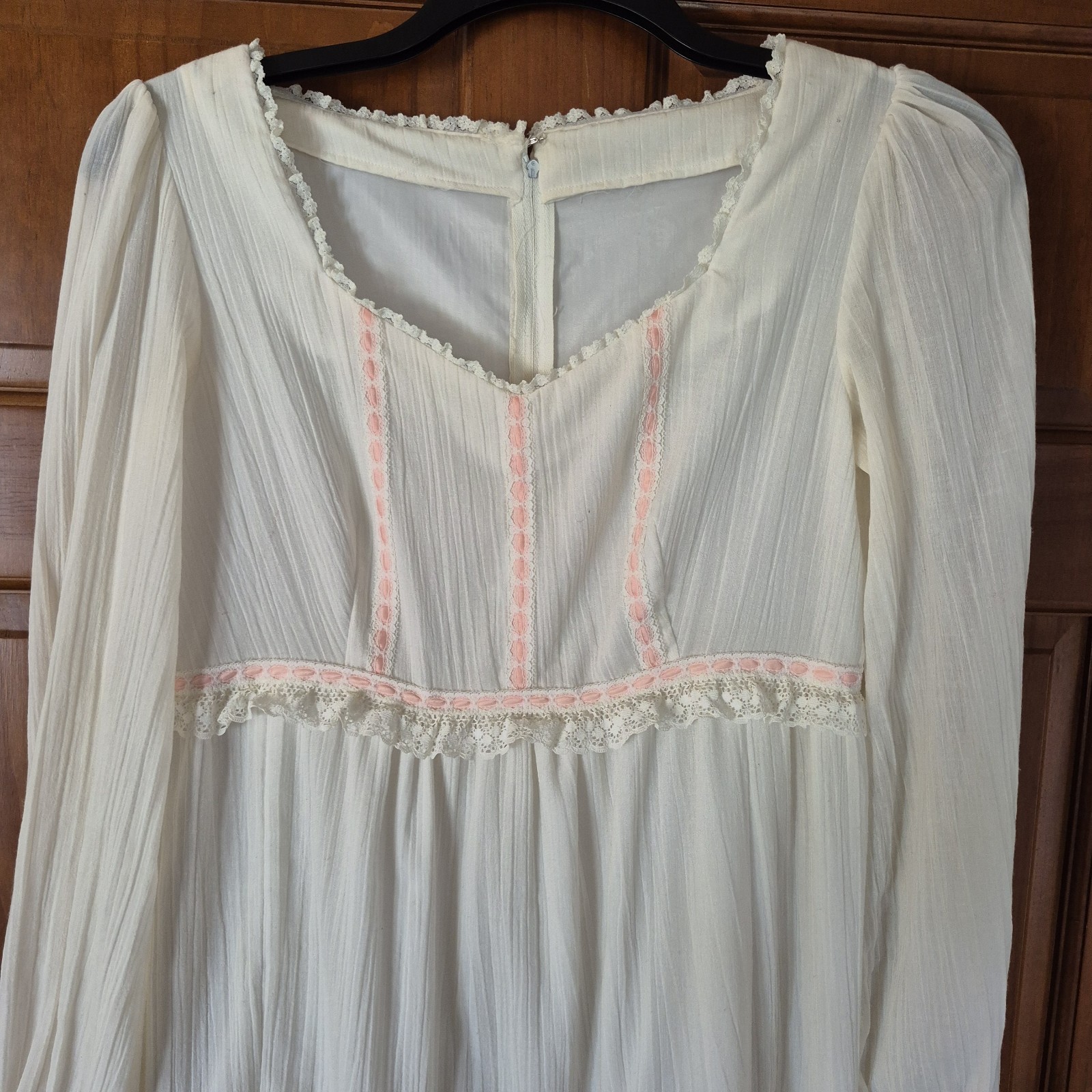 Hand Sewn, Vintage Prairie Dress, Long White Cotton Gauze, Pink Ribbon Size 12