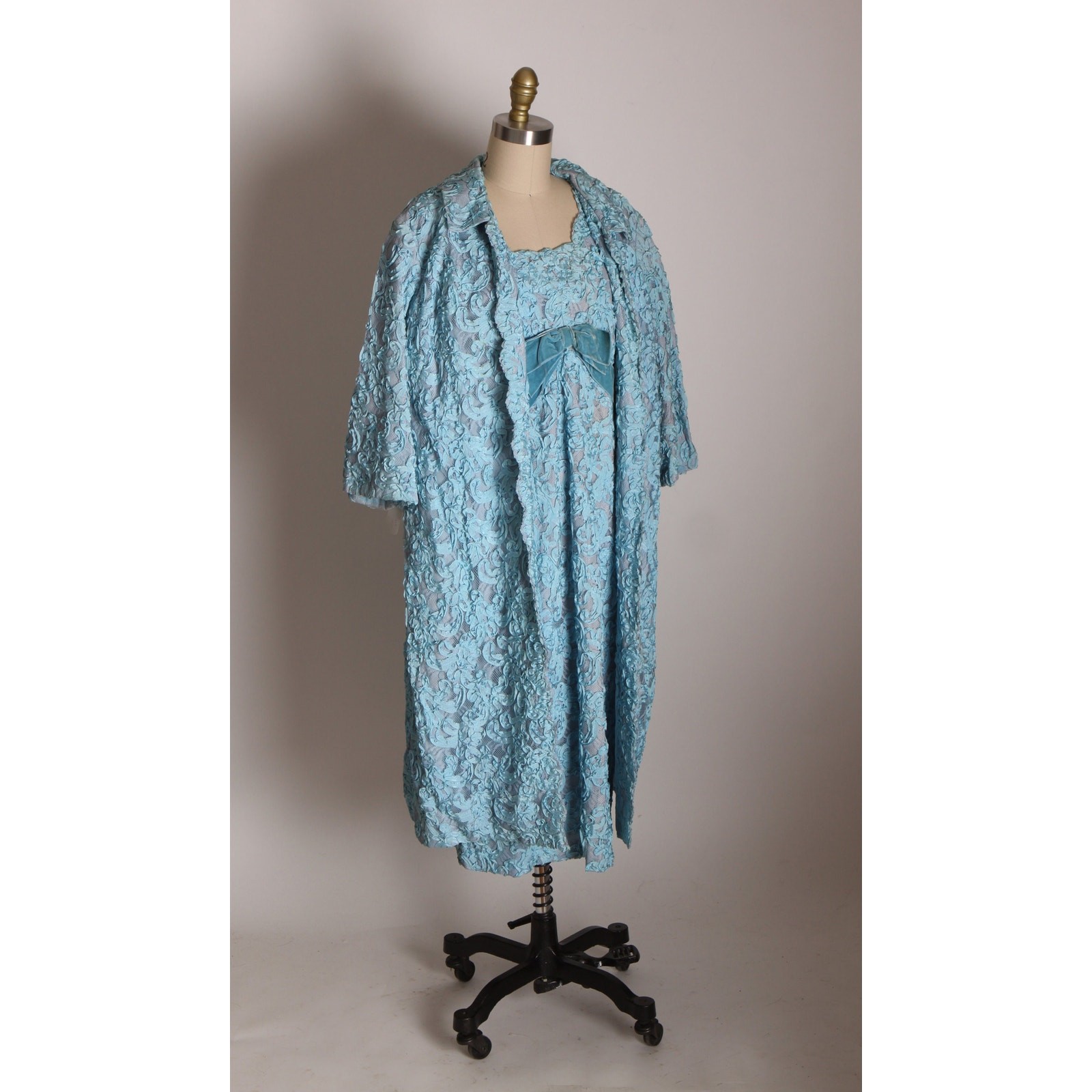 Early 1960s Blue Soutache Lace Formal Blue Velvet Bow Dress with Matching Jacket