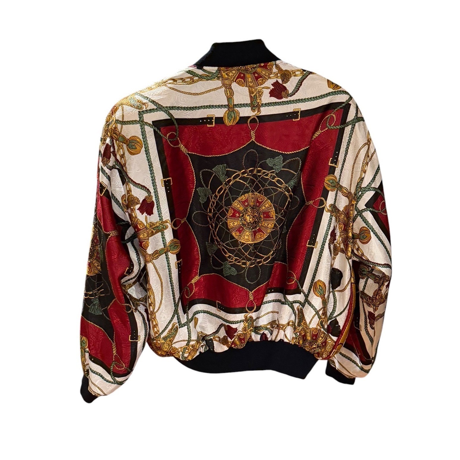 Vtg Silkworm’s Vintage Scarf Print Bomber Jacket Red Black Gold Chain Baroque XL