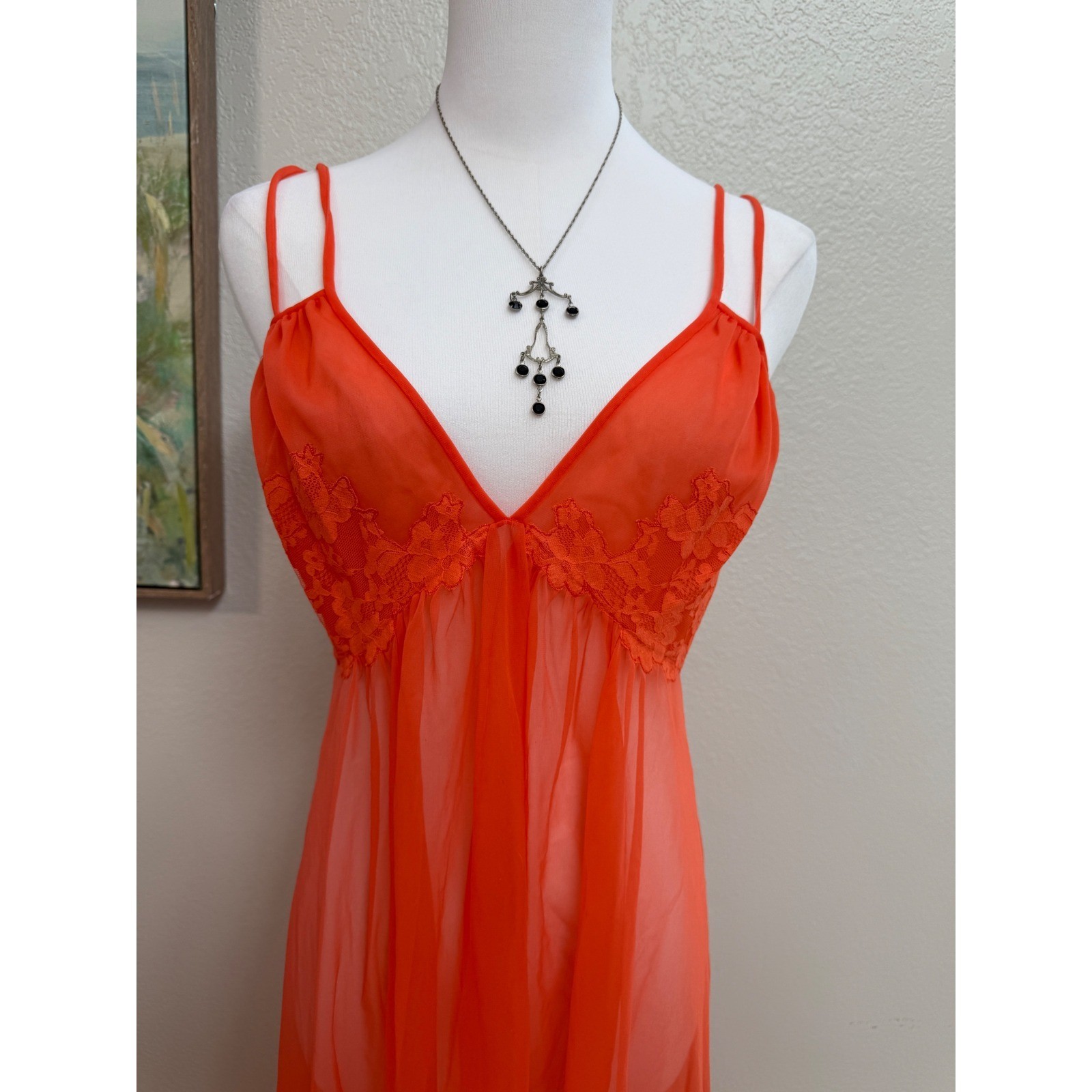 Vintage Orange Sheer Maxi Nightgown Lace Trim Double Strap Sleepwear Dress