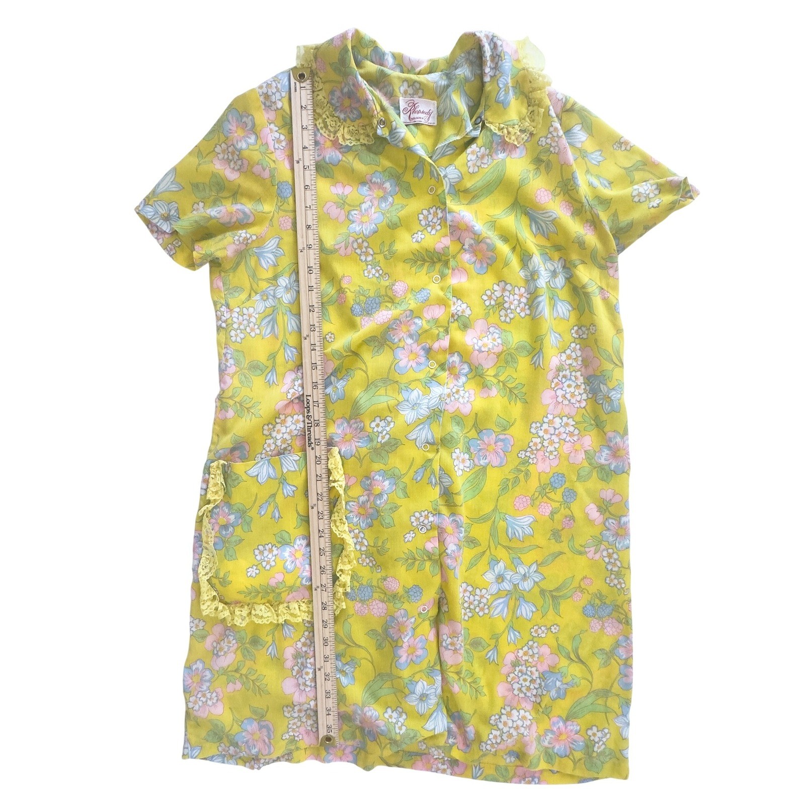 Vintage 60s/70s Rhapsody House Dress Yellow Floral Cotton Blend M/L