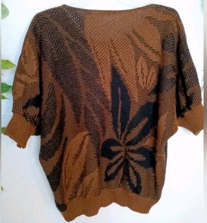 Vintage 80s Barry & Me Boho Dolman Knit Brown Black Floral Sweater Sz L/XL