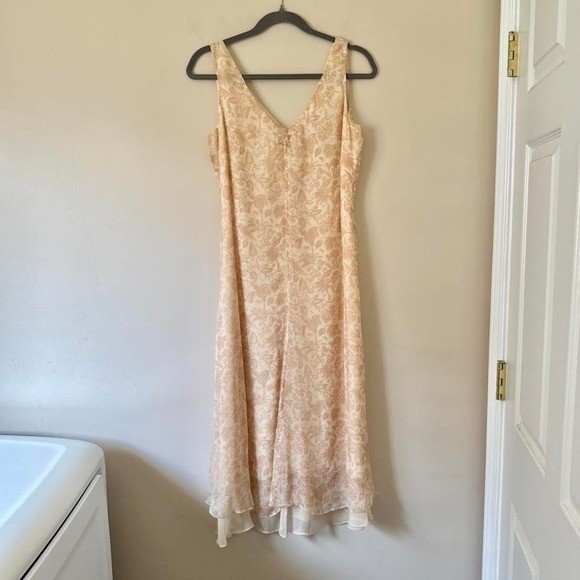 Vintage 90s Peach 100% Silk Chiffon Floral Dress Midi Tank y2k boho Ballinger
