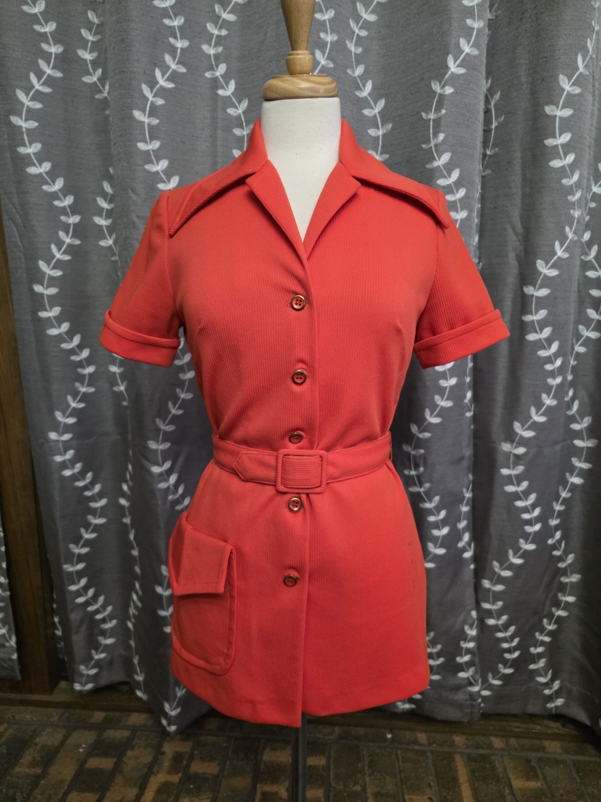 Vintage 70s Graff Californiawear Belted Blouse Button Front Orange Womens Medium