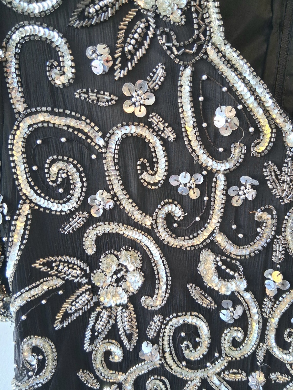 Vintage Womens Large Top Laurence Kazar Black Silver Sequin Beaded Blouse Gatsby