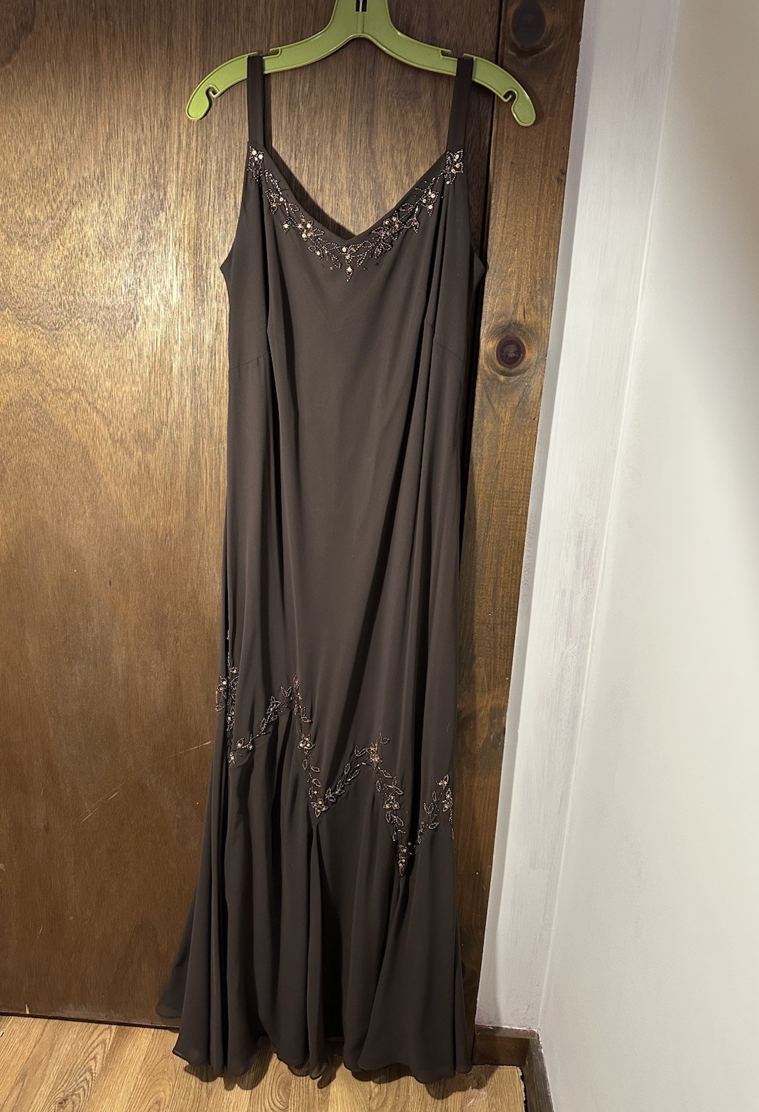 Y2K 90s Davids Bridal Pageant Dress Maxi Evening Gown Brown Beaded VTG Prom 14W