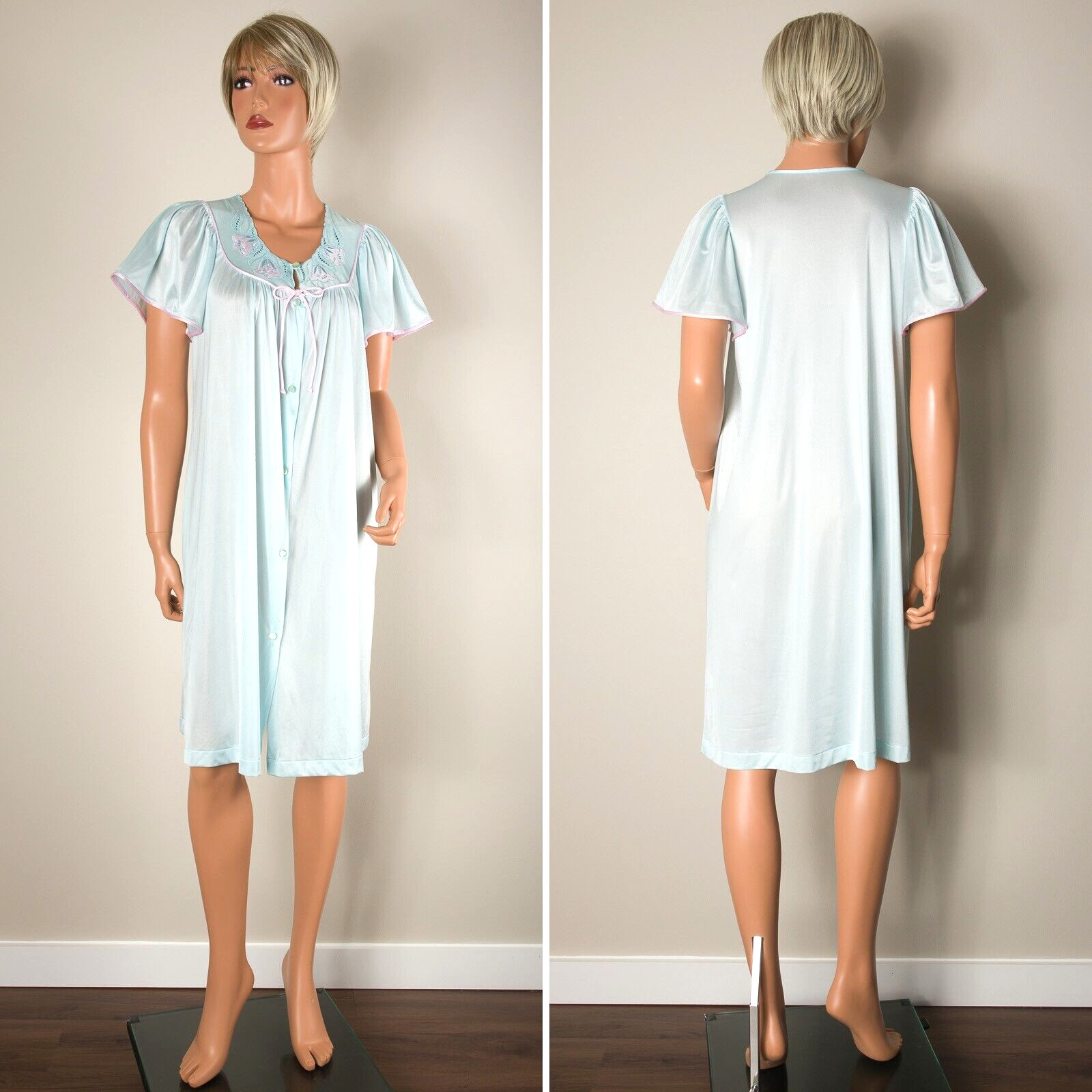 💖 GILEAD Vintage M Seafoam Nylon Robe Button Nightgown Embroidered Short Sleeve
