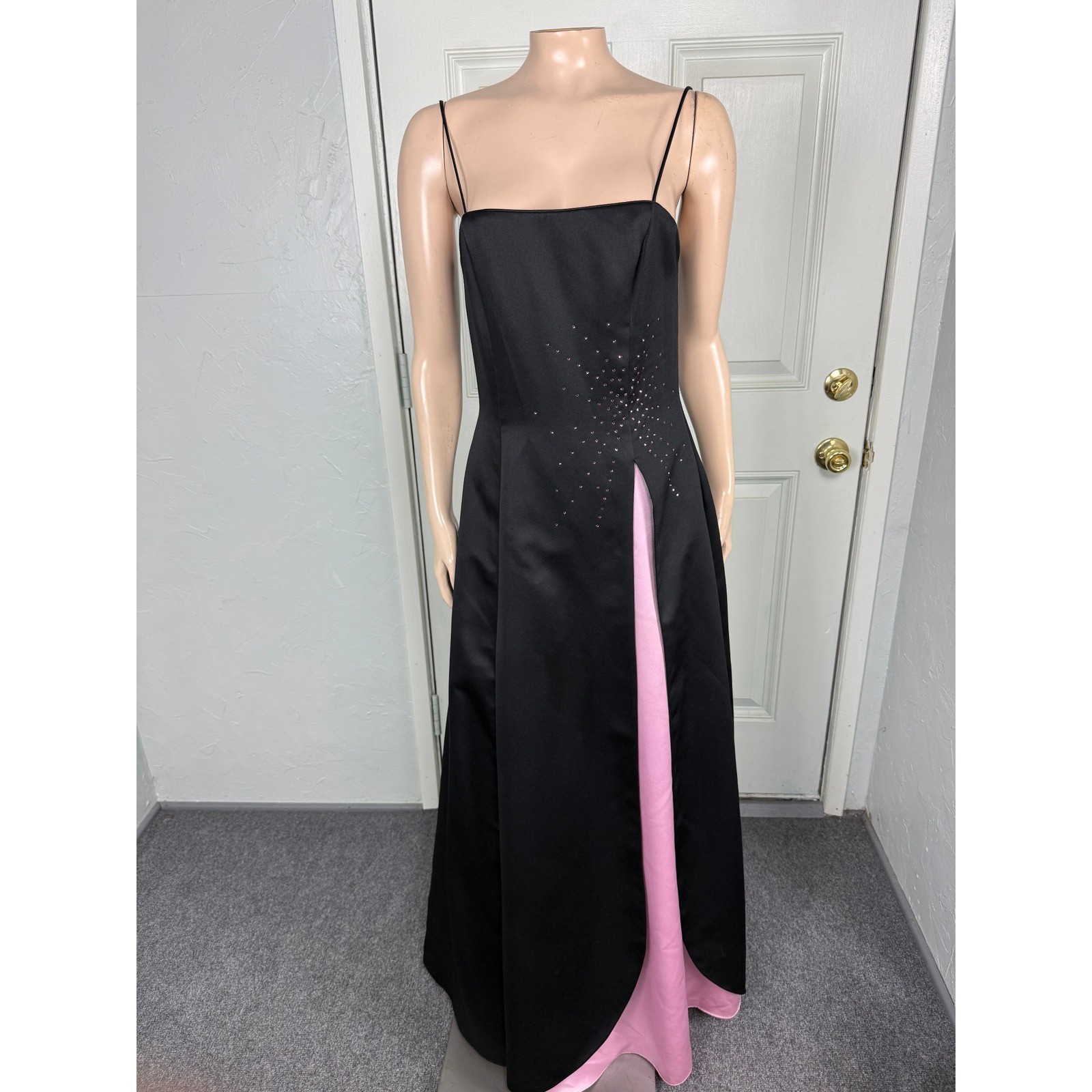 Vintage Y2K Dave & Johnny Dress 3/4 Formal Prom Satin Maxi Bling Slit Pink BB7