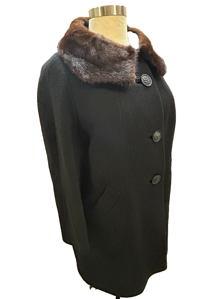 VTG ILGWU Union Made Wool Opera Swing Overcoat Black Fur Collar Women Sz 2XL