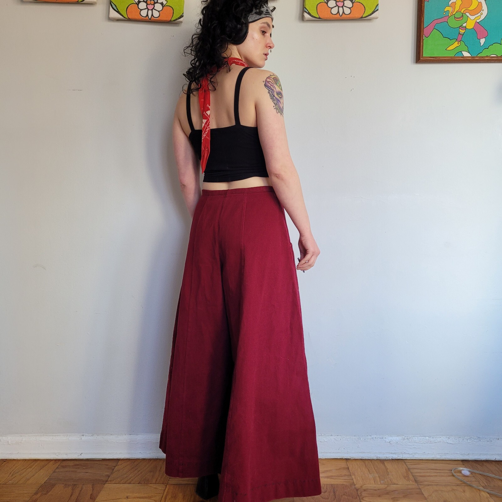 Vintage Maroon Wide Leg Bell Bottom High Waist Pant Hippy Rave 24″ Bell Size 29