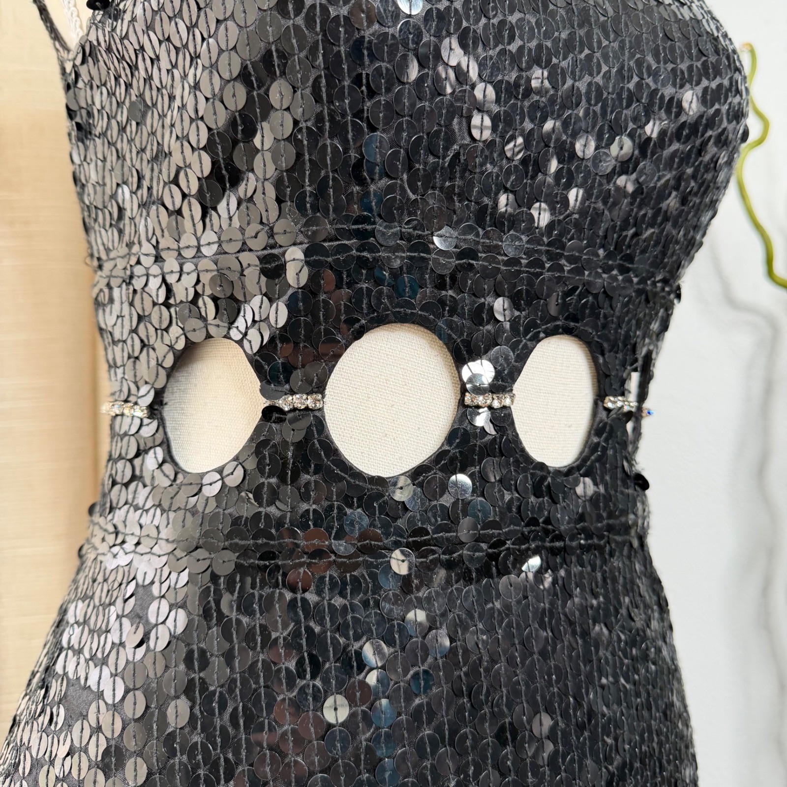 Vintage Niteline Della Roufogali Sequin Cutout Rhinestone Mini Dress Black 4