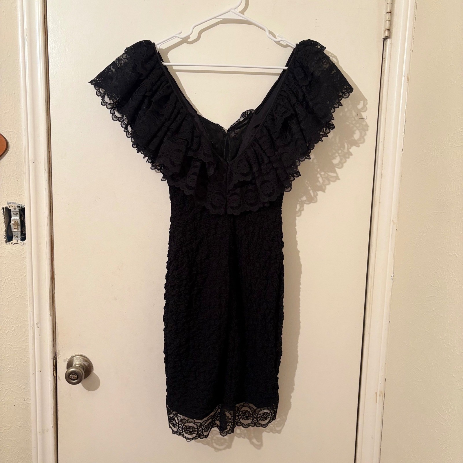 Vintage 80s Black Lace Ruffle Off Shoulder Beaded Bodycon Dress Whimsigoth Sz S