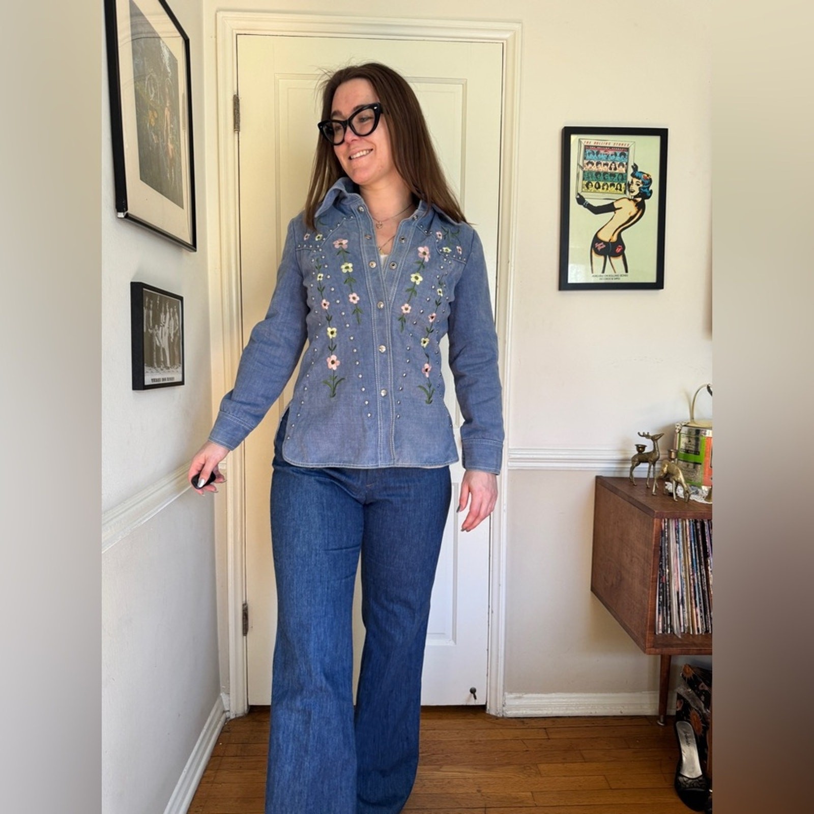 70s Vintage Gina Teresa Studded Denim Jacket w Floral Embroidery