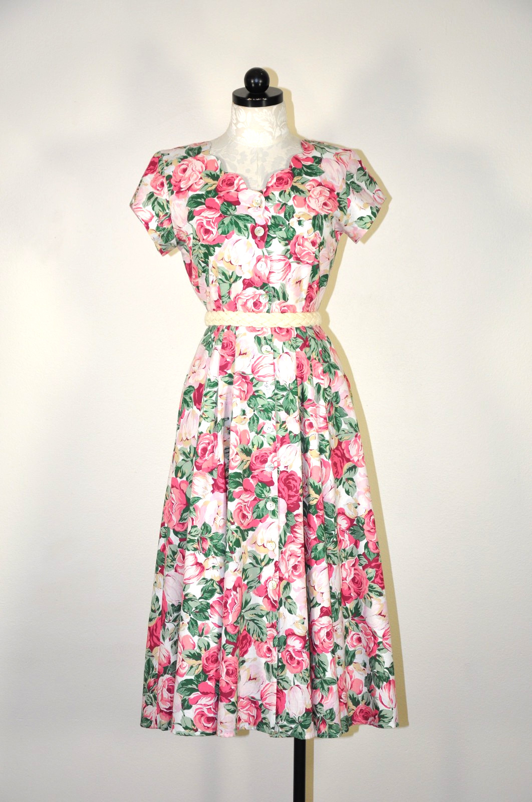 80s Vintage Pink Rose Garden Floral Scalloped Romantic Midi Shirtdress Women S