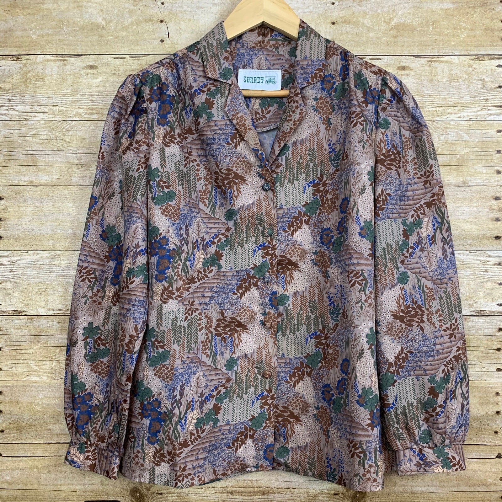 Vintage Surrey Blouse Fabric Covered Buttons All Over Print Womens Large