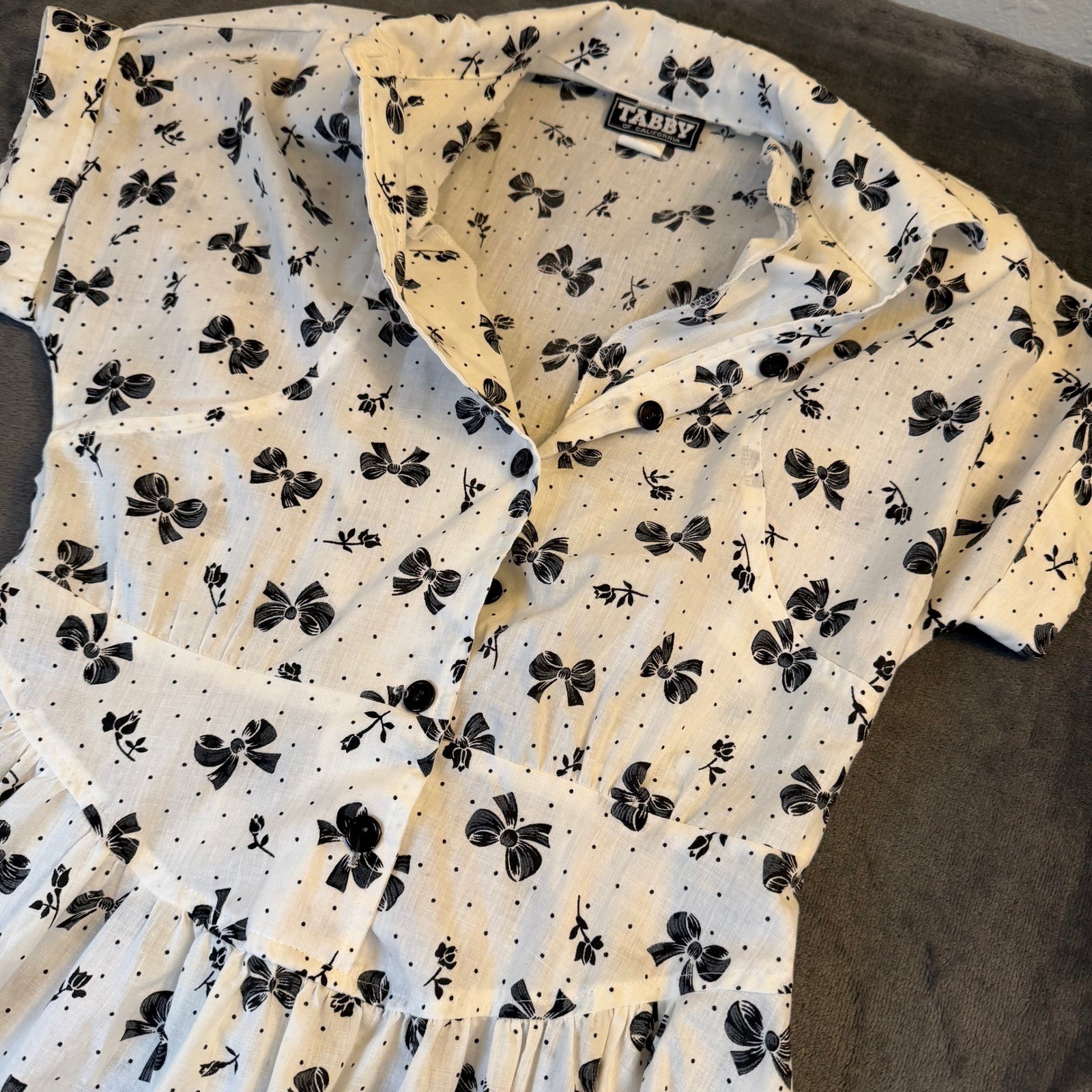 Tabby of California Vintage Shirt Dress Womens Size 10 White Bow Print Retro