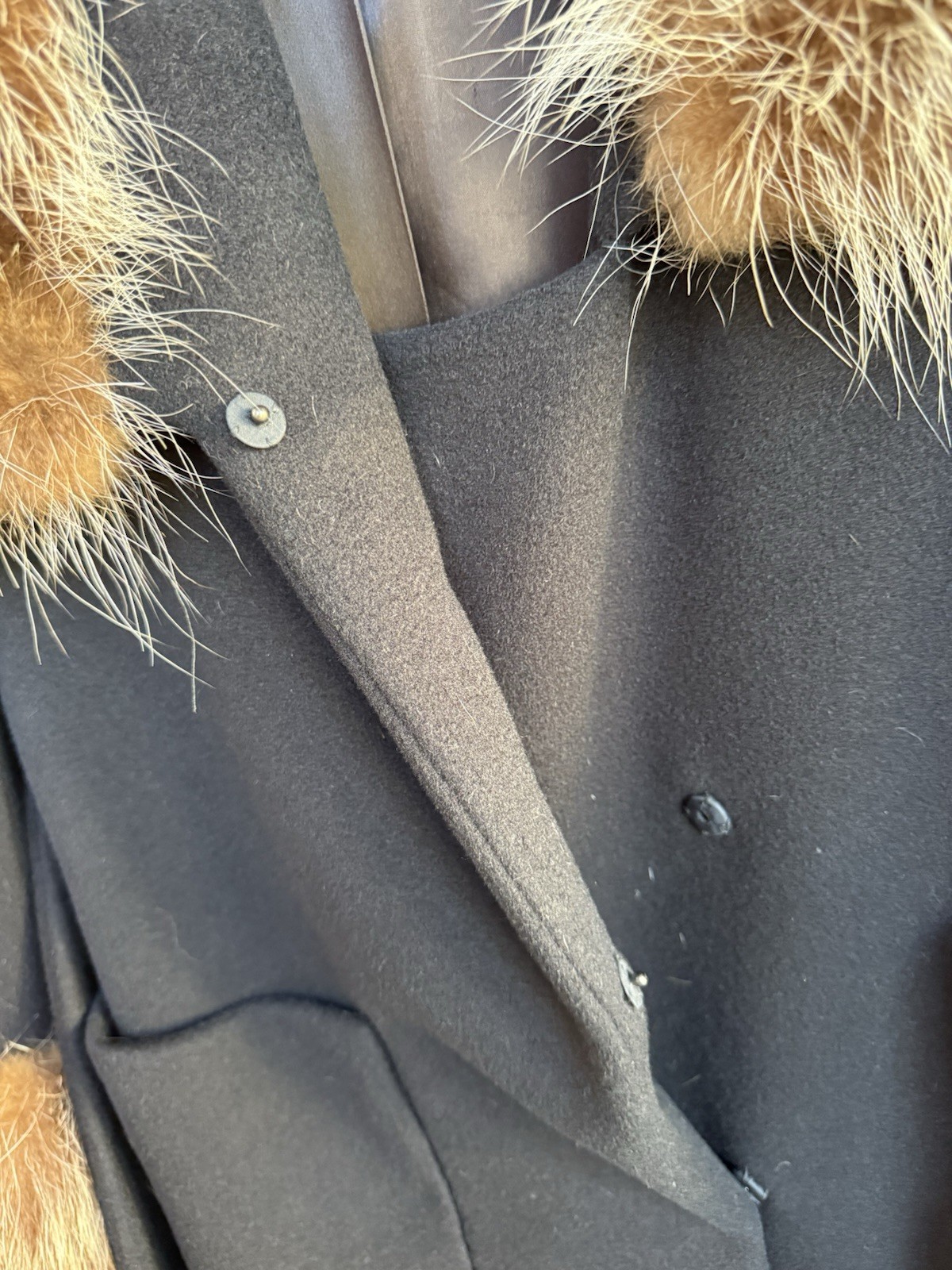 Absolutely Gorgeous Vintage black wool coat with Raccoon fur collar and wrists