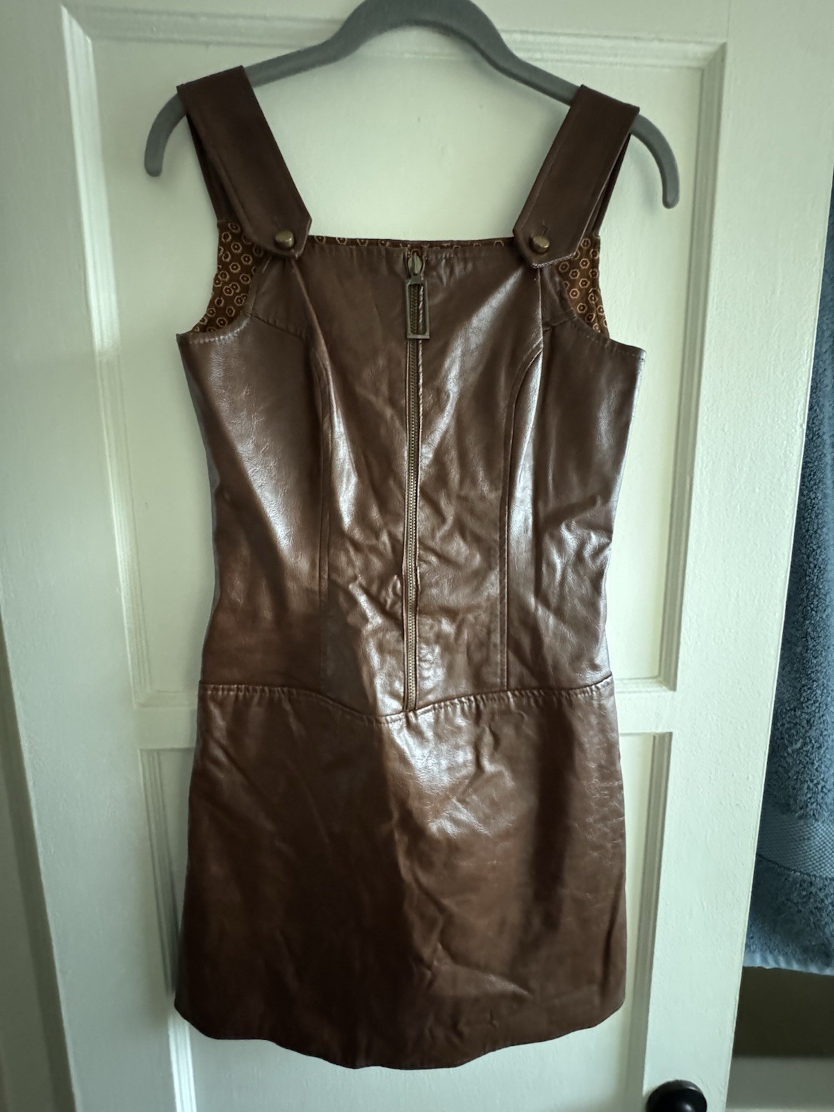 1960s Vintage Faux Leather Jumper Mini Dress JUNIORITE Small Mod 1970s Brown