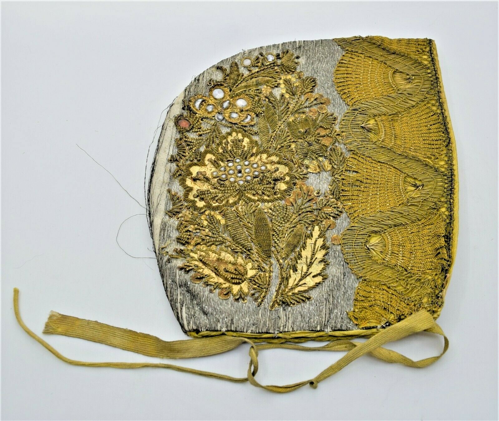 Antique 18th Century Woman’s Hat Coif Floral Design European Beaded, Embroidery
