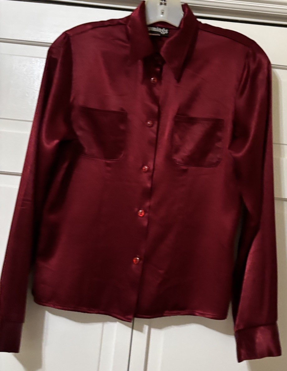 Vintage Classic 90s Tymings Burgundy Long Sleeve Liquid satin Button Up blouse S